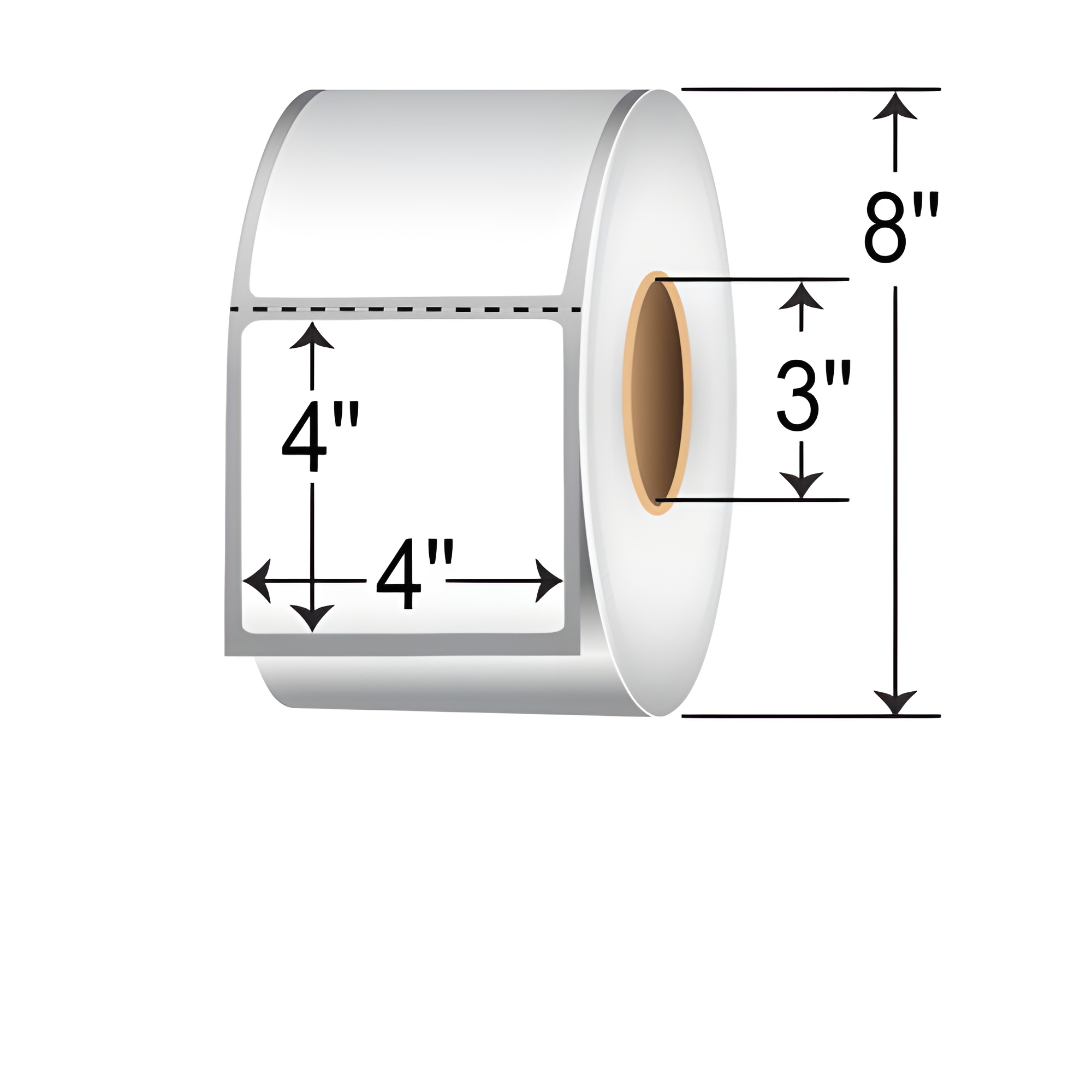 TH44-1P TT 4x4 label perforated 3-inch core roll, white thermal transfer barcode, product, and shipping labels with 8-inch OD dimensions.