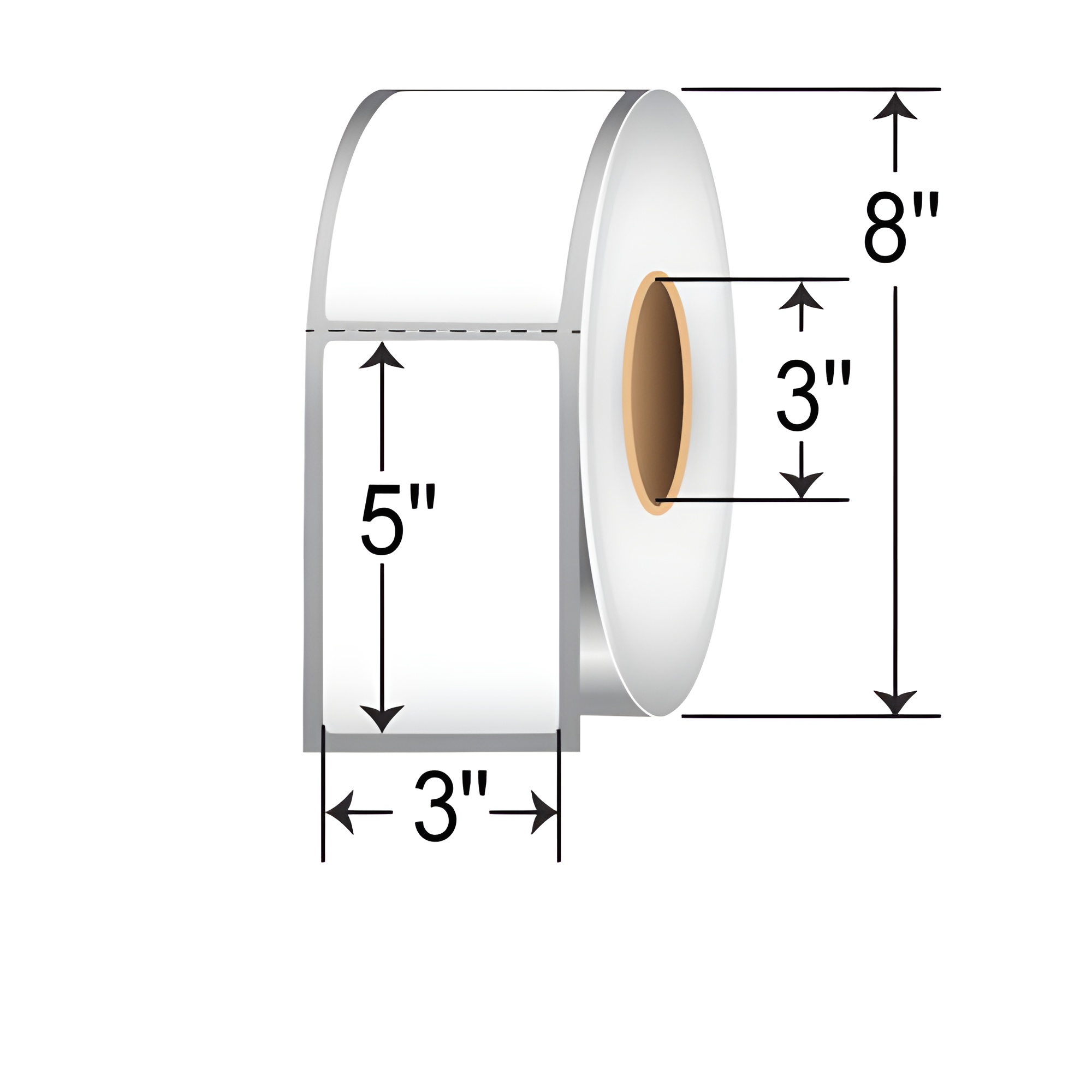 Roll of perforated 3" x 5" direct thermal labels with 3" core and 8" outer diameter.