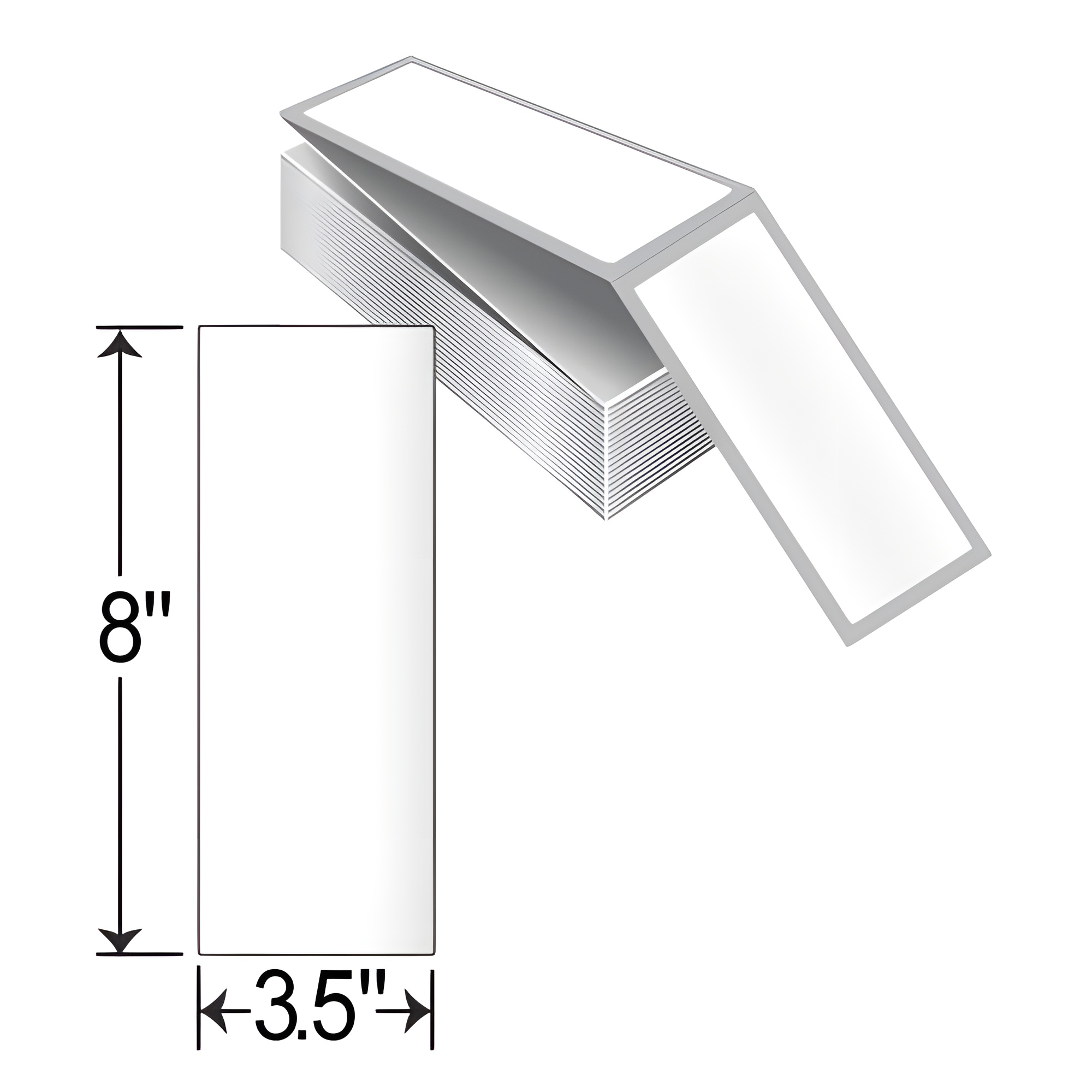 THF358-1P TT 3.5" x 8" thermal transfer perforated fanfold labels with white permanent adhesive paper material and product dimension illustration for SEO product listing.