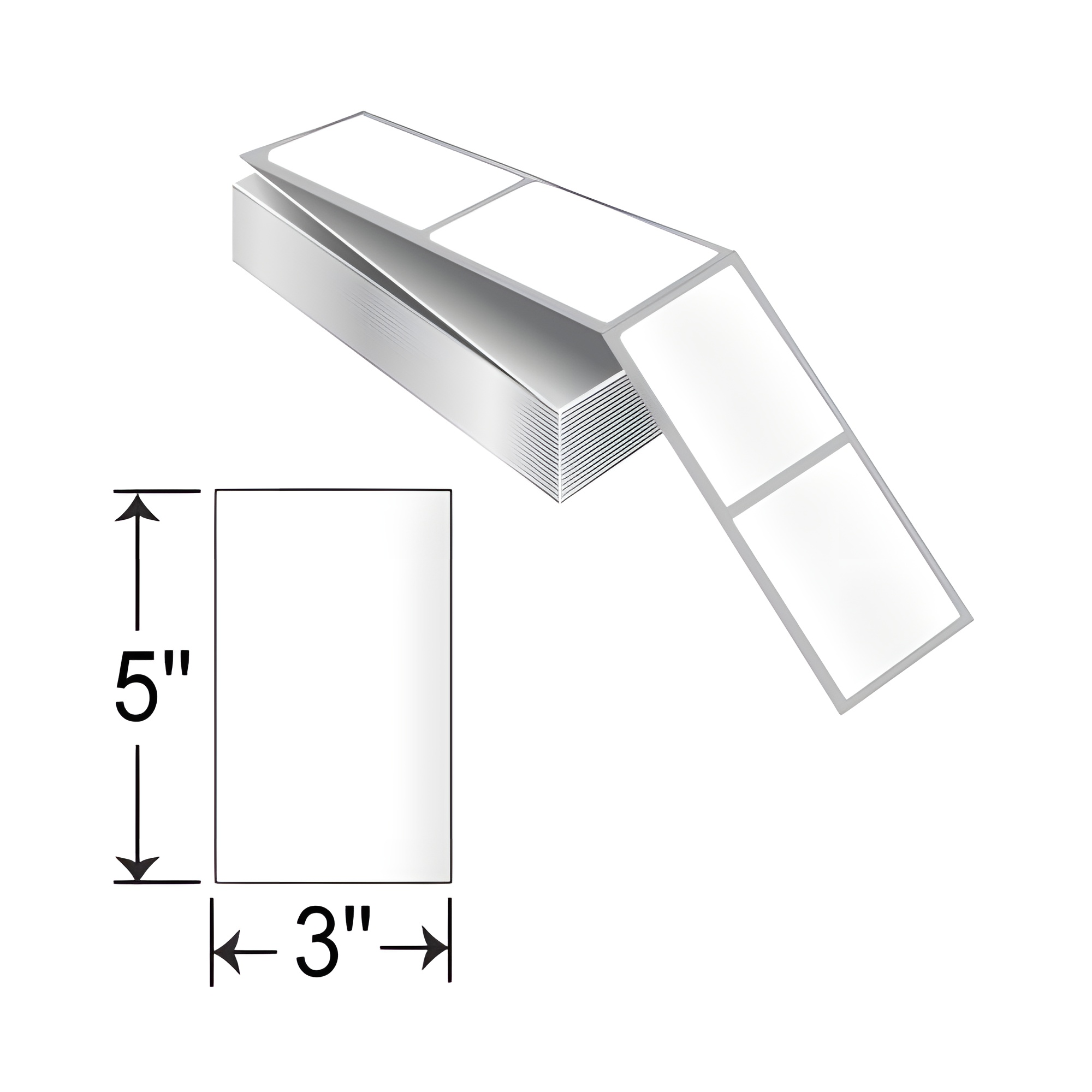THF35-1P TT 3" x 5" thermal transfer perforated fanfold labels with white permanent adhesive paper material and label size dimension graphic for SEO product listing.