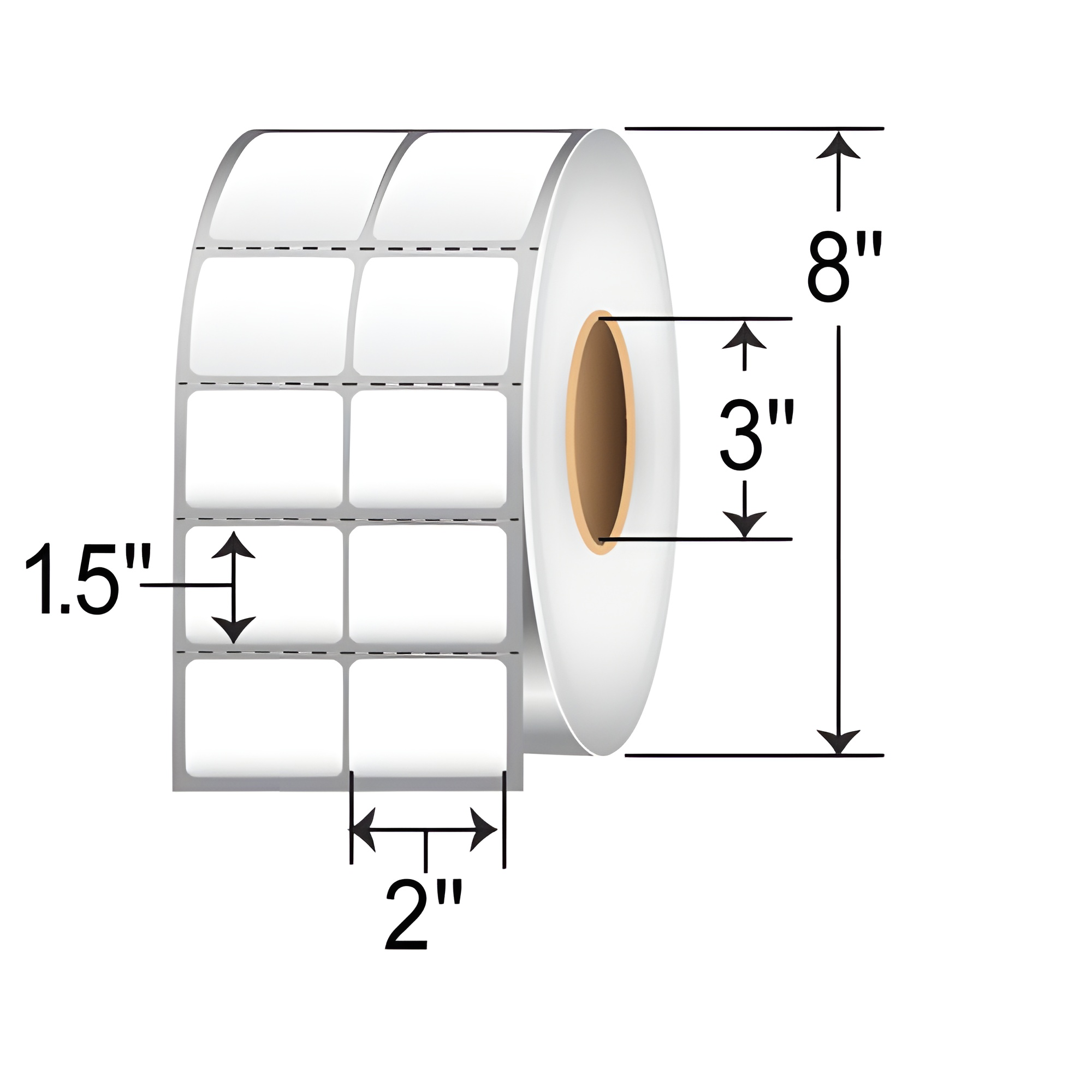 TH215-2P TT 2x1.5 2-up perforated label roll, white thermal transfer barcode labels for inventory, warehouse, shelf, shipping, and product identification with 3-inch core and 8-inch OD.