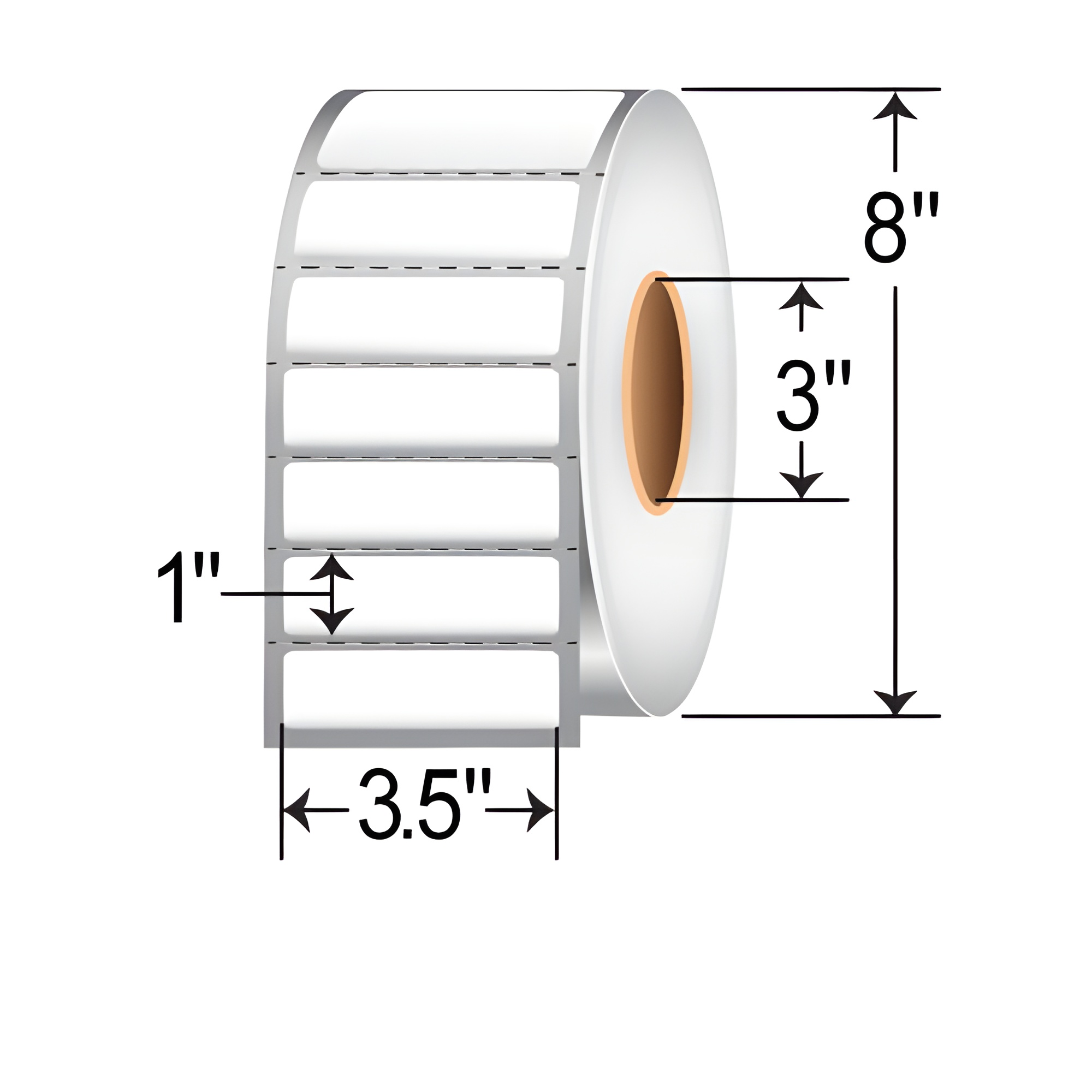 TH351-1P TT 3.5x1 label perforated 3-inch core roll, white thermal transfer barcode, asset tag, shelf label, inventory control, warehouse, and product identification labels with 8-inch OD.