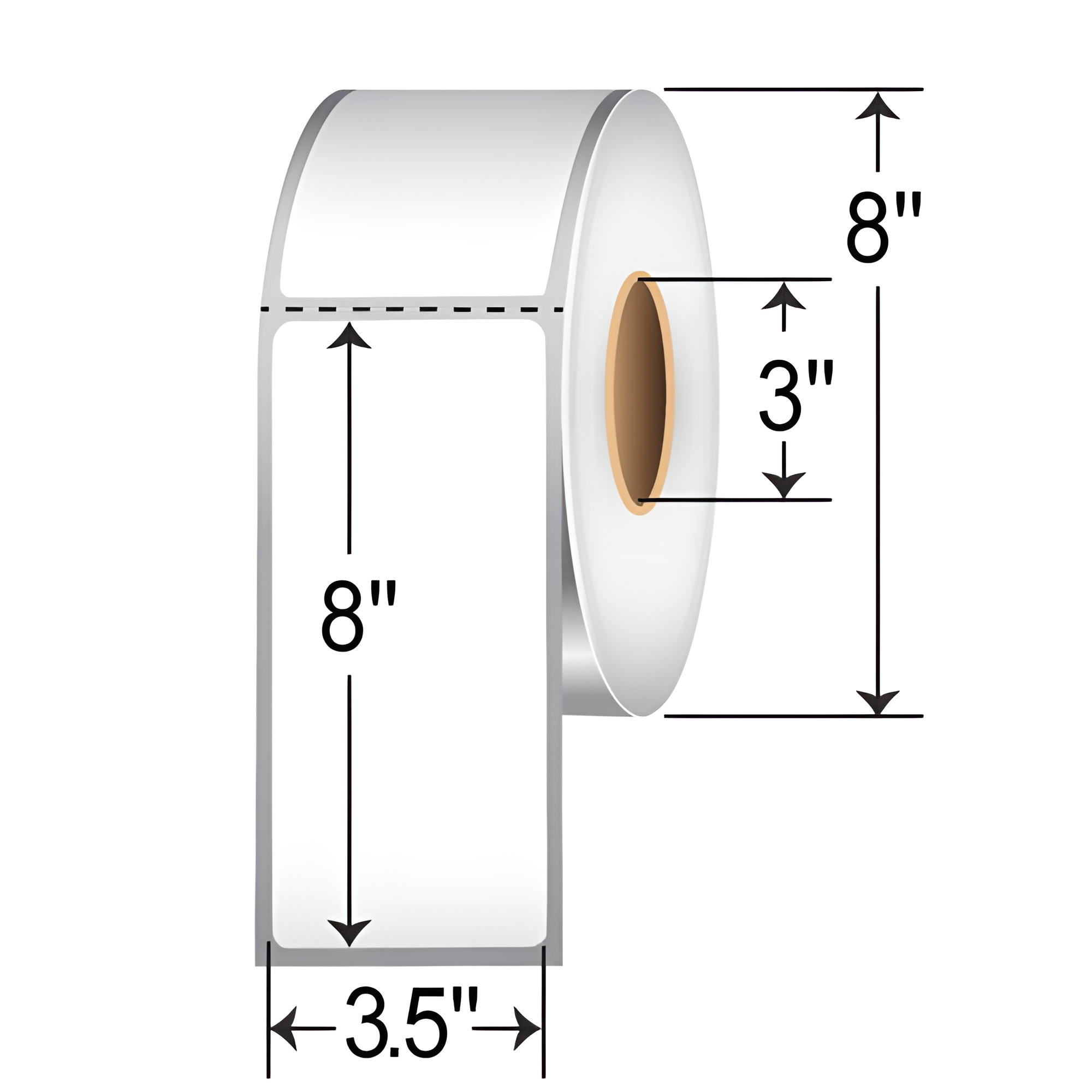 TH358-1P TT 3.5x8 label perforated 3-inch core roll, white thermal transfer barcode, shipping, warehouse, inventory, pallet, and product identification labels with 8-inch OD.