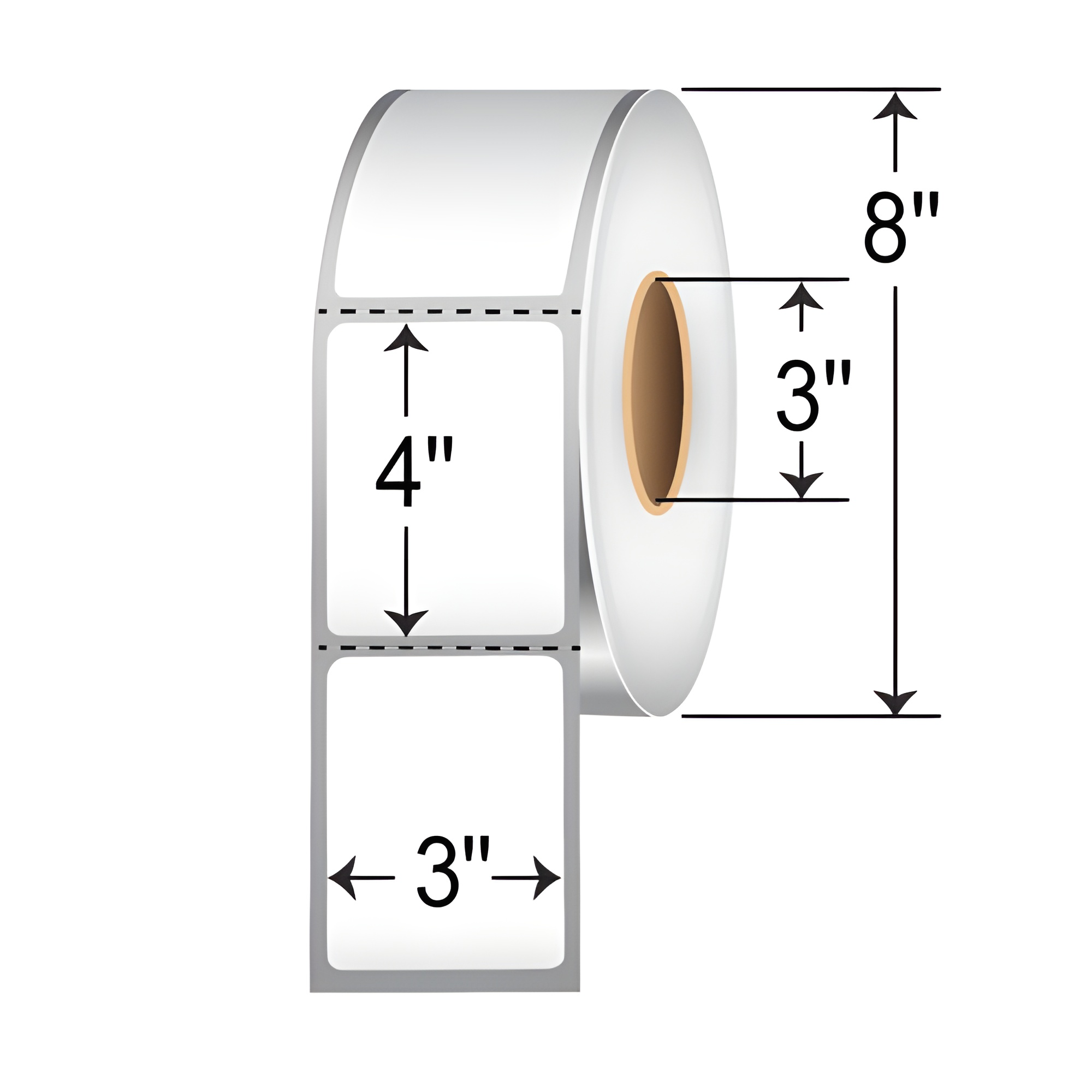 TH34-1P TT 3x4 label perforated 3-inch core roll, white thermal transfer barcode, shipping, inventory, warehouse, shelf, and product identification labels with 8-inch OD.