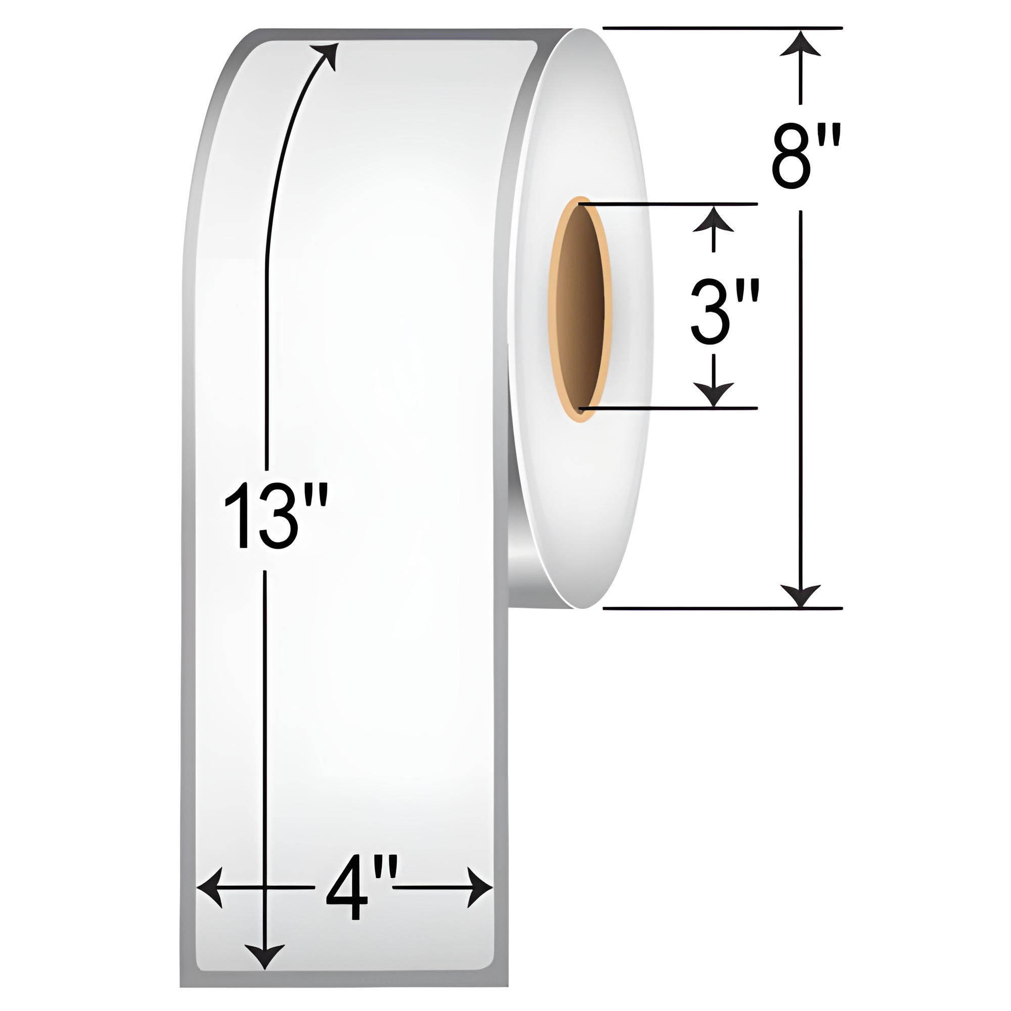 TH413-1P TT 4x13 label perforated 3-inch core roll, white thermal transfer shipping and warehouse labels with 8-inch OD dimensions.