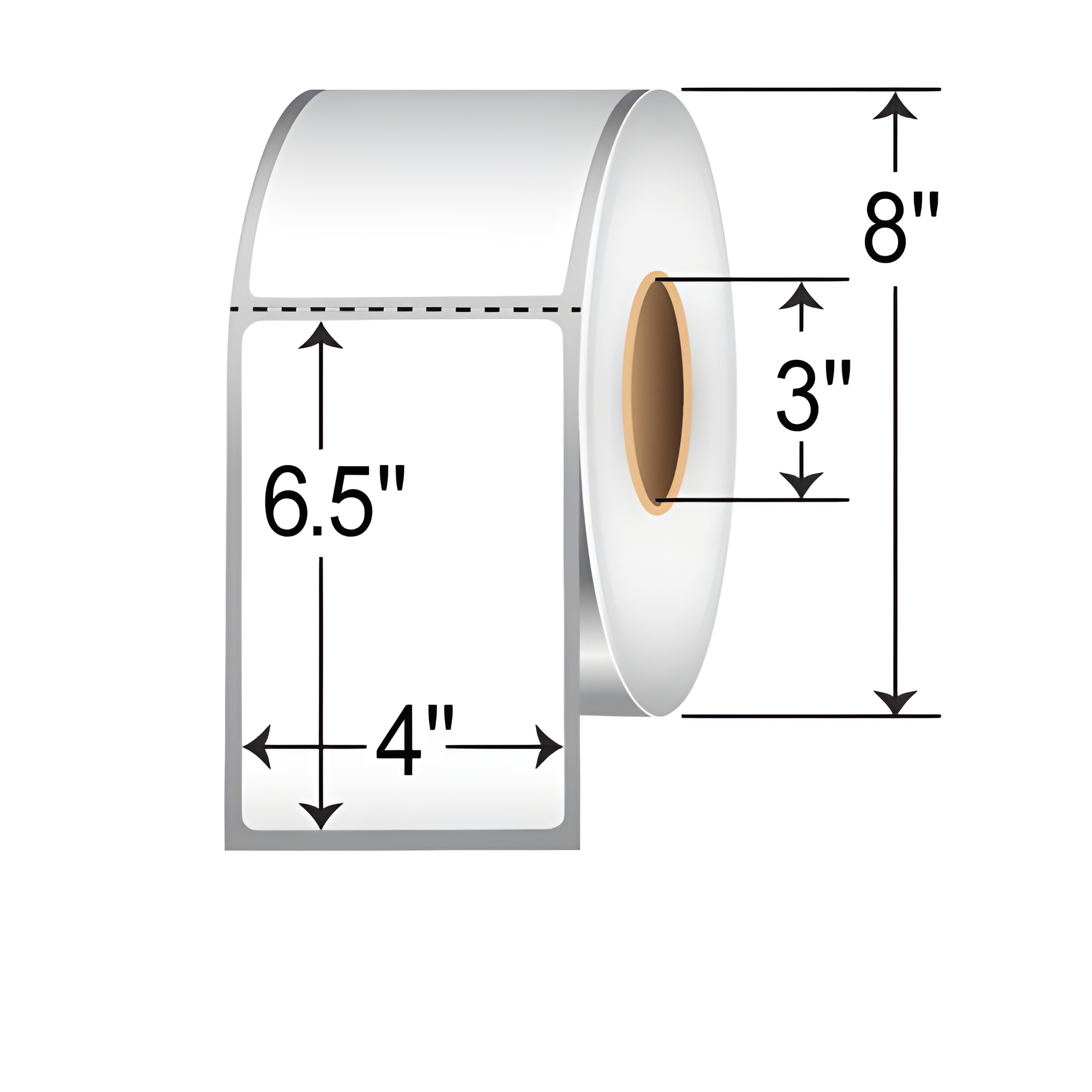 Roll of perforated 4" x 6.5" removable thermal transfer labels with 3" core and 8" outer diameter.
