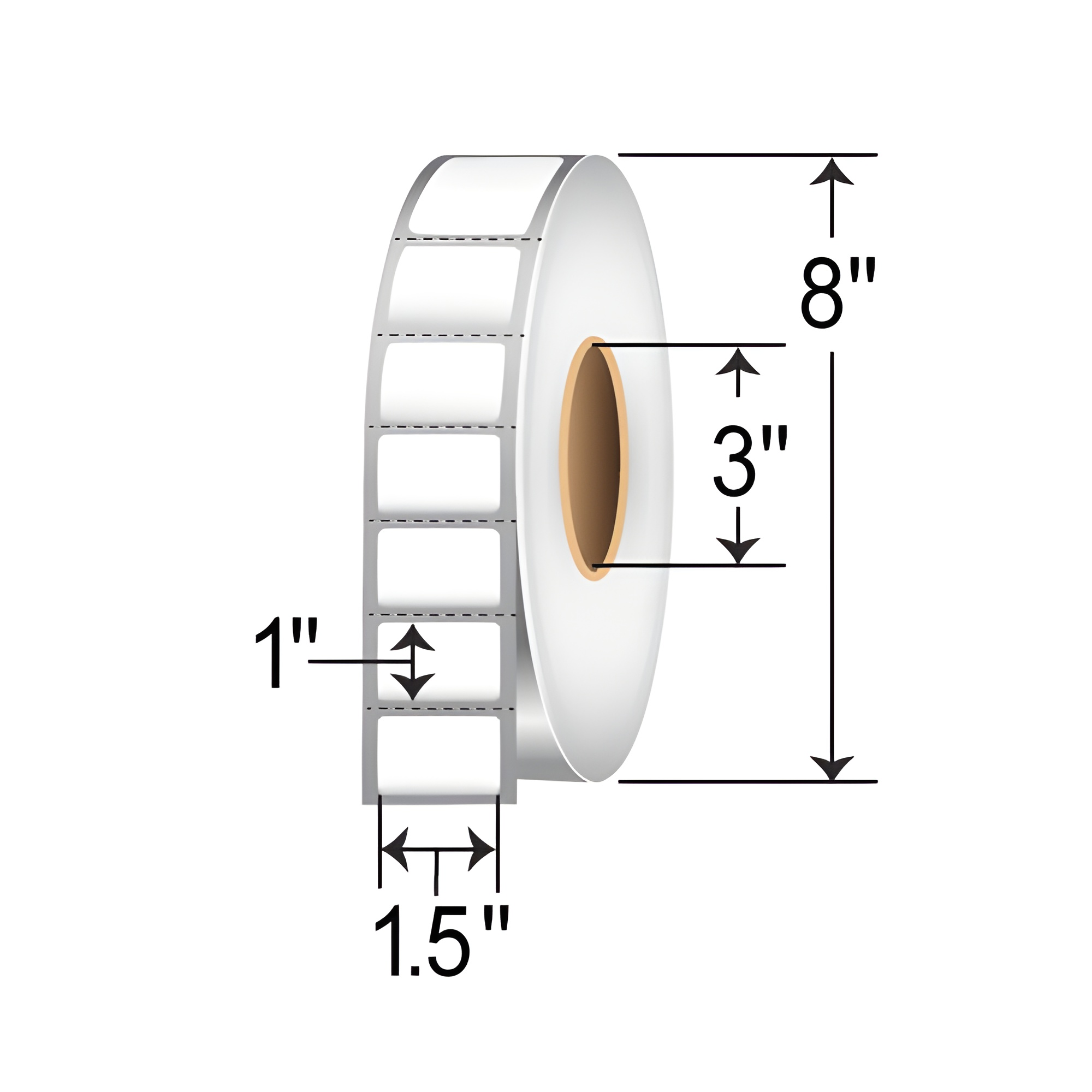 TH151-1P TT 1.5x1 perforated label roll, white thermal transfer barcode labels for inventory, warehouse, shelf, shipping, and product identification with 3-inch core and 8-inch OD.