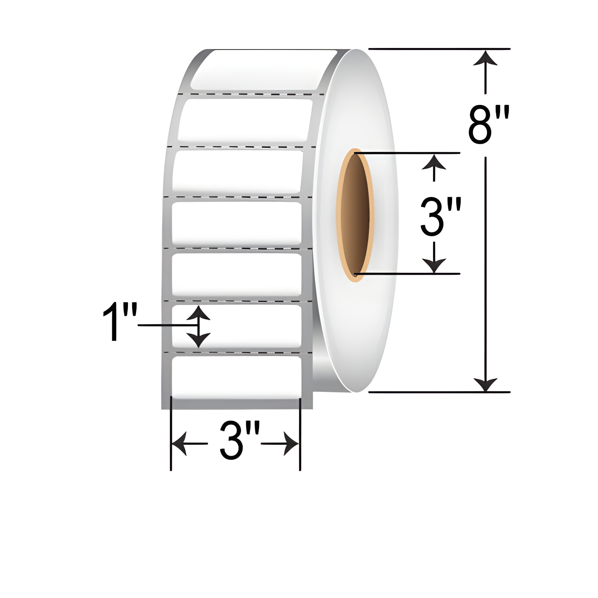 TH31-1P TT 3x1 label perforated 3-inch core roll, white thermal transfer barcode, inventory, warehouse, shelf, asset tracking, and product identification labels with 8-inch OD."