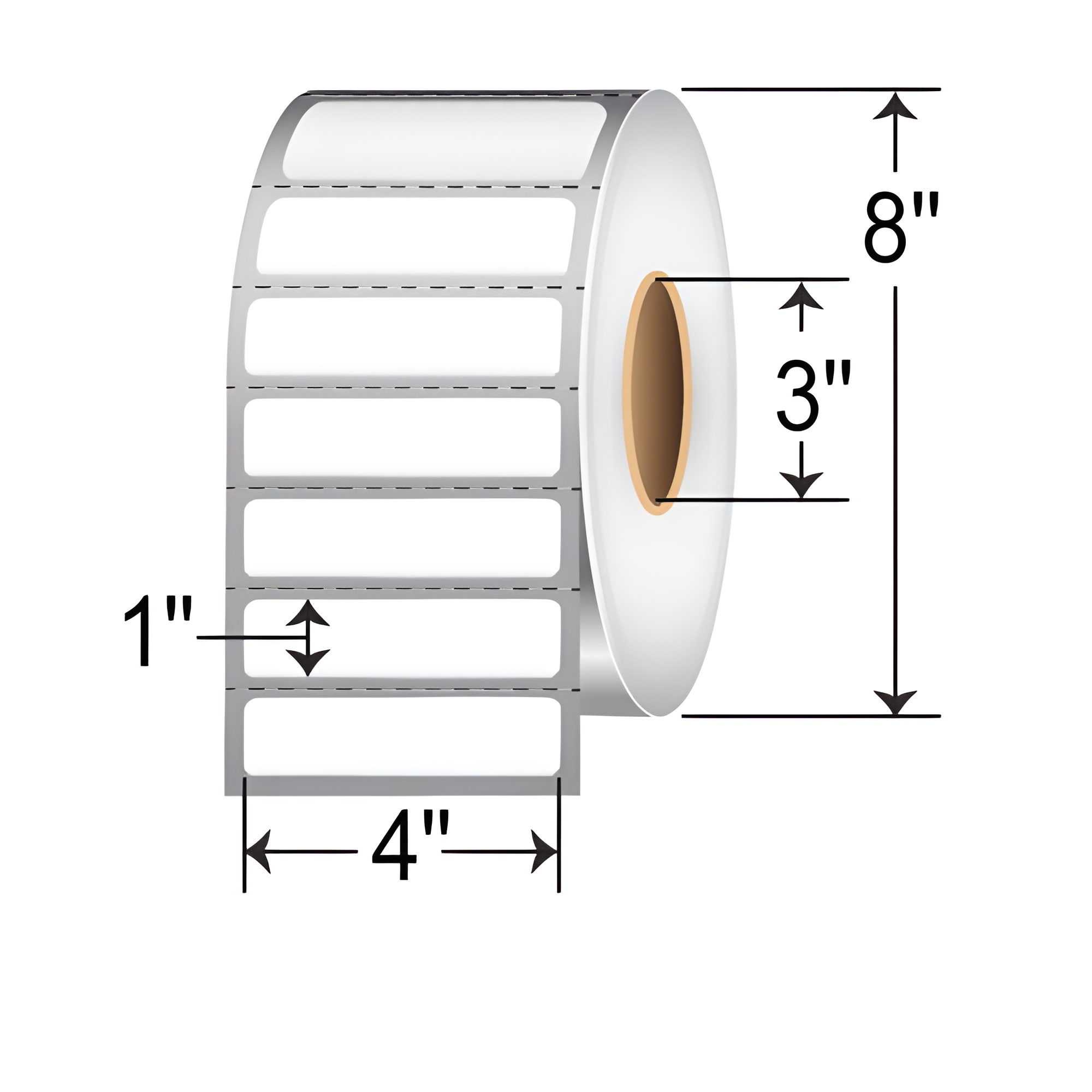 TH41-1P TT 4x1 label perforated 3-inch core roll, white thermal transfer barcode, inventory, shipping, warehouse, shelf, and product identification labels with 8-inch OD.