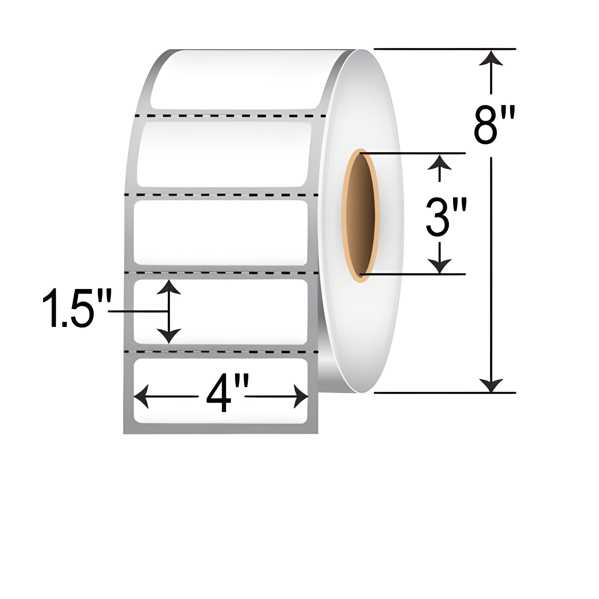 4 x 1.5-inch thermal transfer freezer labels, perforated roll on a 3-inch core with 8-inch outer diameter dimension diagram.