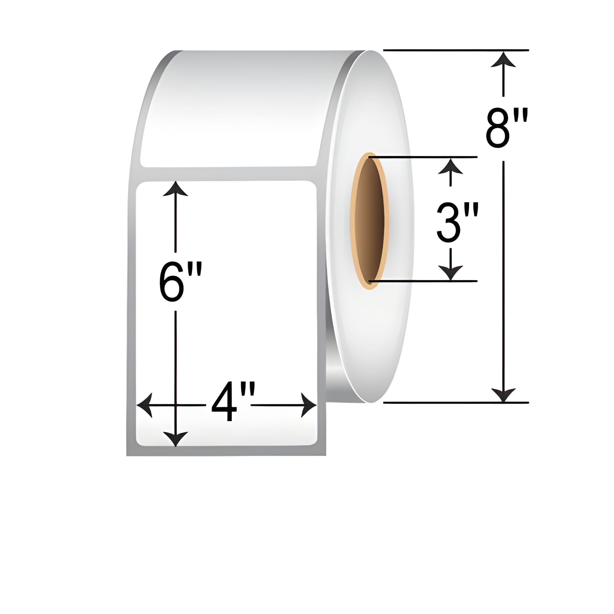 TH46-1R TT 4" x 6" thermal transfer non-perforated roll labels with 3-inch core, permanent adhesive white paper labels, and 8-inch outer diameter sizing diagram for product listing and SEO.