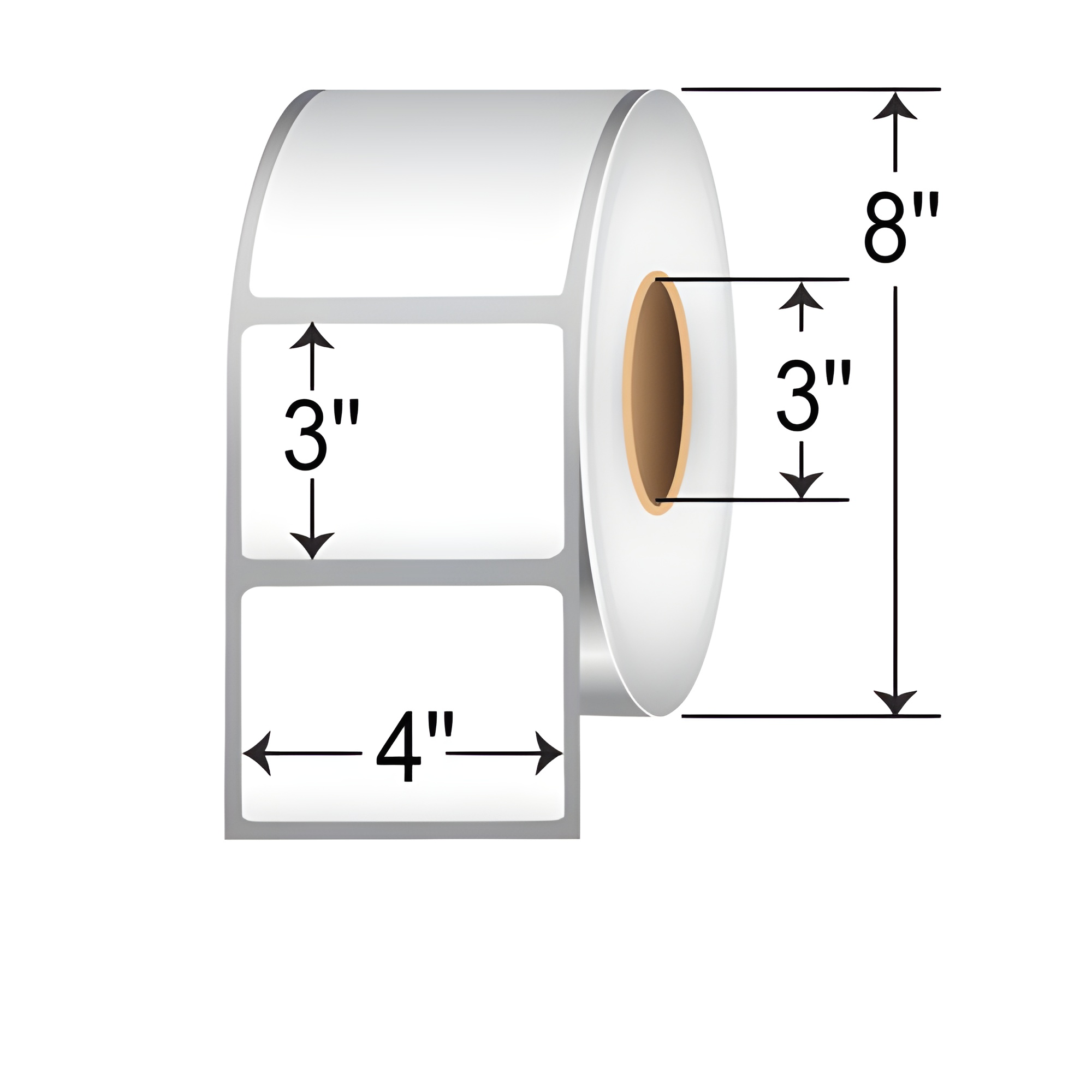 TH43-1R TT 4" x 3" thermal transfer non-perforated roll labels with 3-inch core, permanent adhesive white paper labels, and 8-inch outer diameter sizing diagram for product display and SEO.