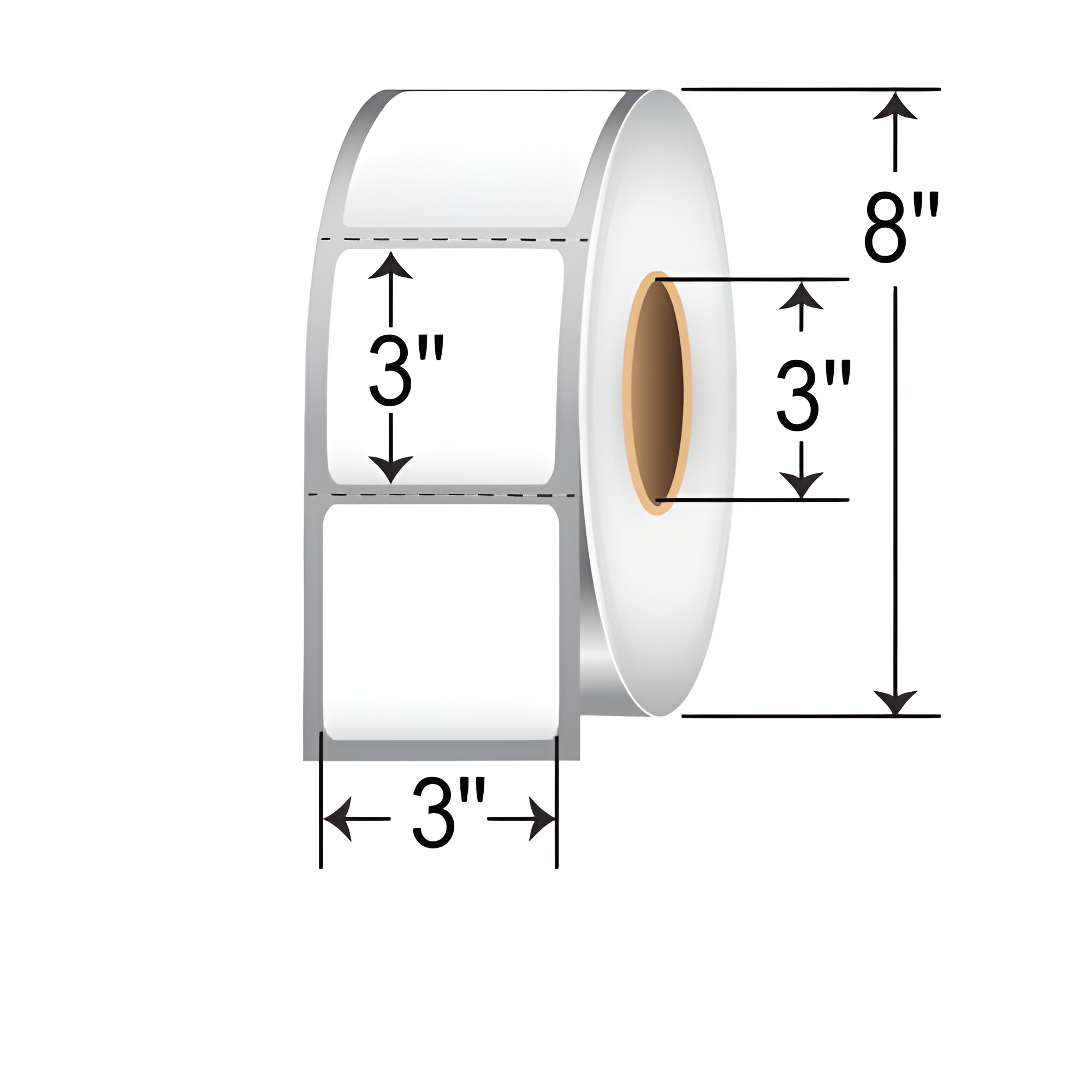TH33-1P TT 3x3 label perforated 3-inch core roll, white thermal transfer barcode, shipping, inventory, warehouse, shelf, and product identification labels with 8-inch OD.