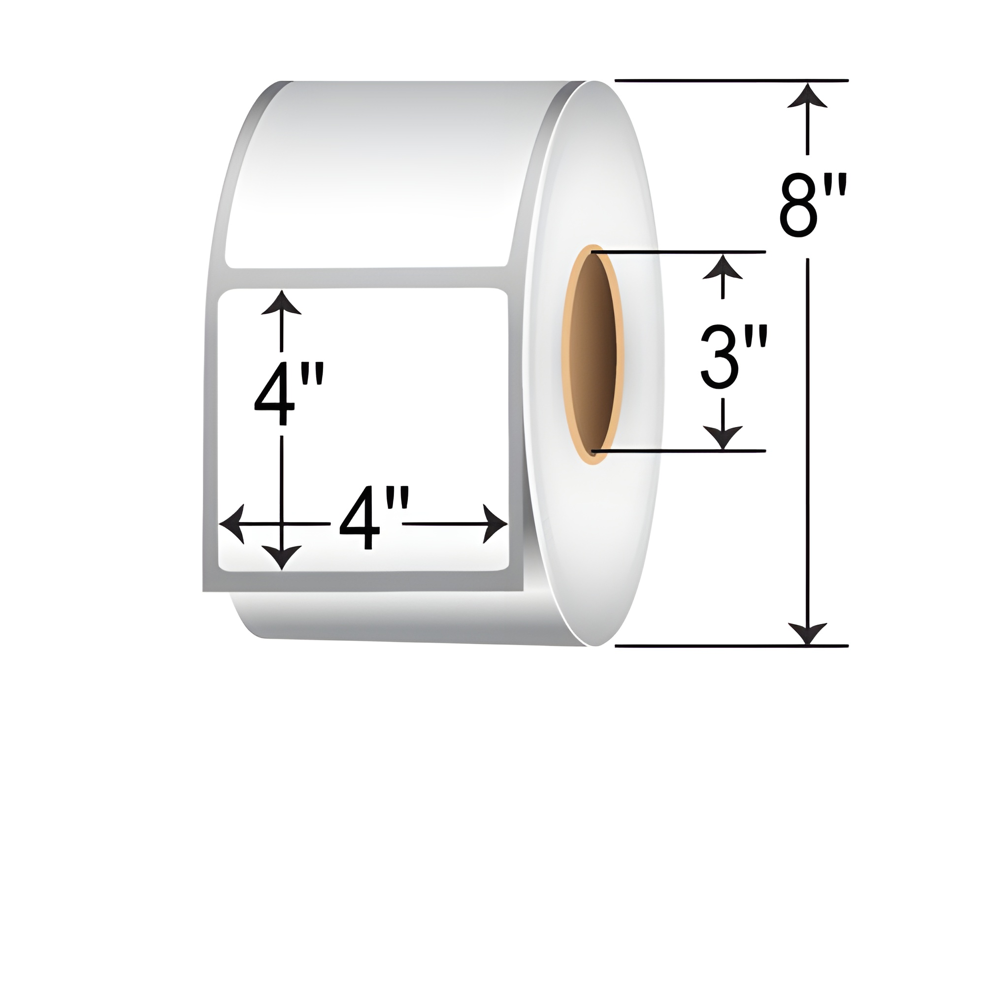 TH44-1R TT 4" x 4" thermal transfer non-perforated roll labels with 3-inch core, permanent adhesive white paper labels, and 8-inch outer diameter sizing diagram for product display and SEO.