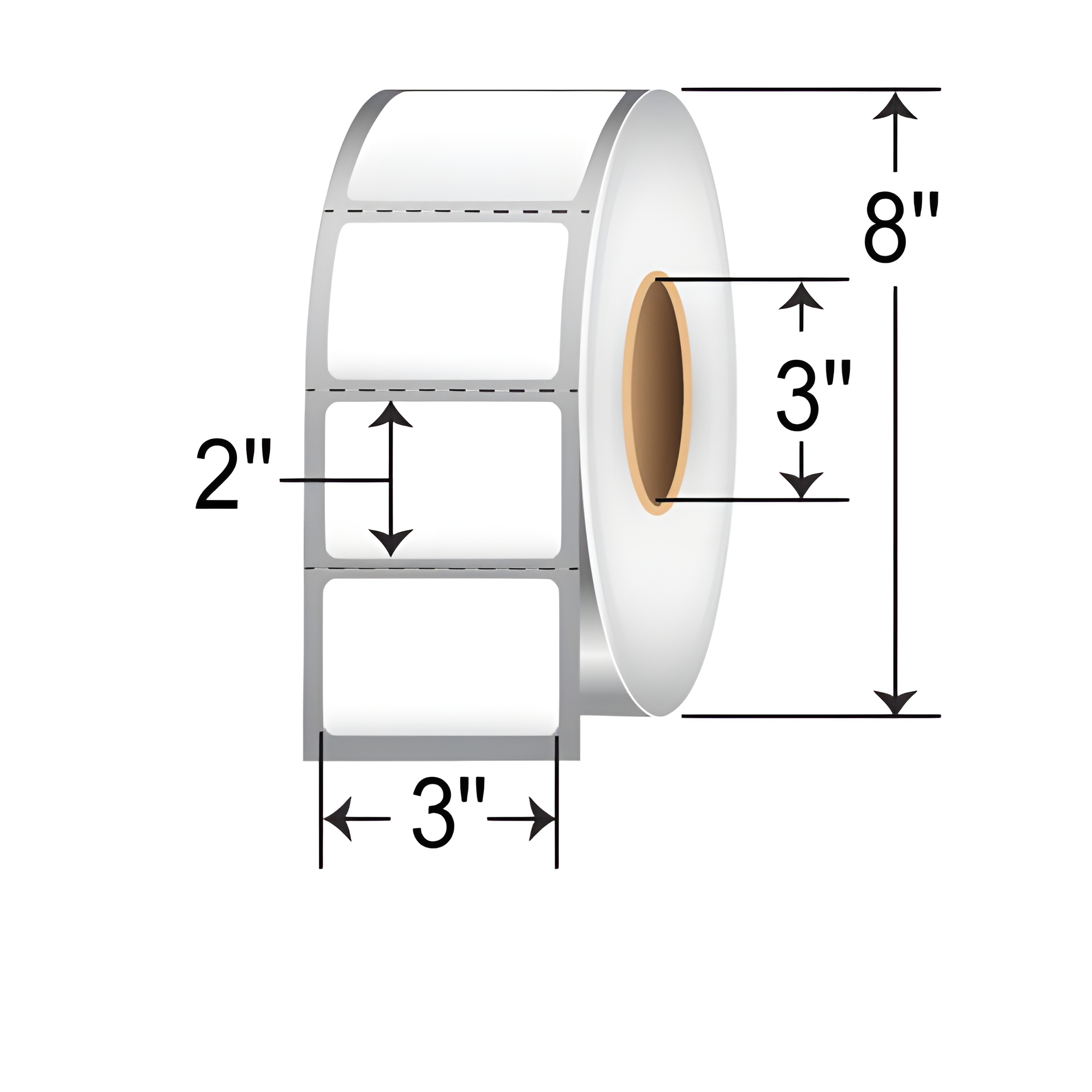 Roll of perforated 3" x 2" direct thermal labels with 3" core and 8" outer diameter.