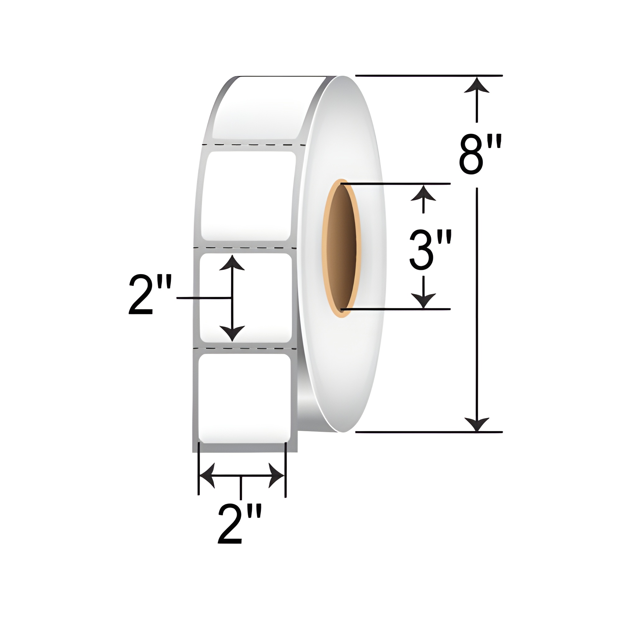 TH22-1P TT 2x2 label perforated 3-inch core roll, white thermal transfer barcode, inventory, warehouse, product identification, asset tracking, and shelf labeling labels with 8-inch OD.