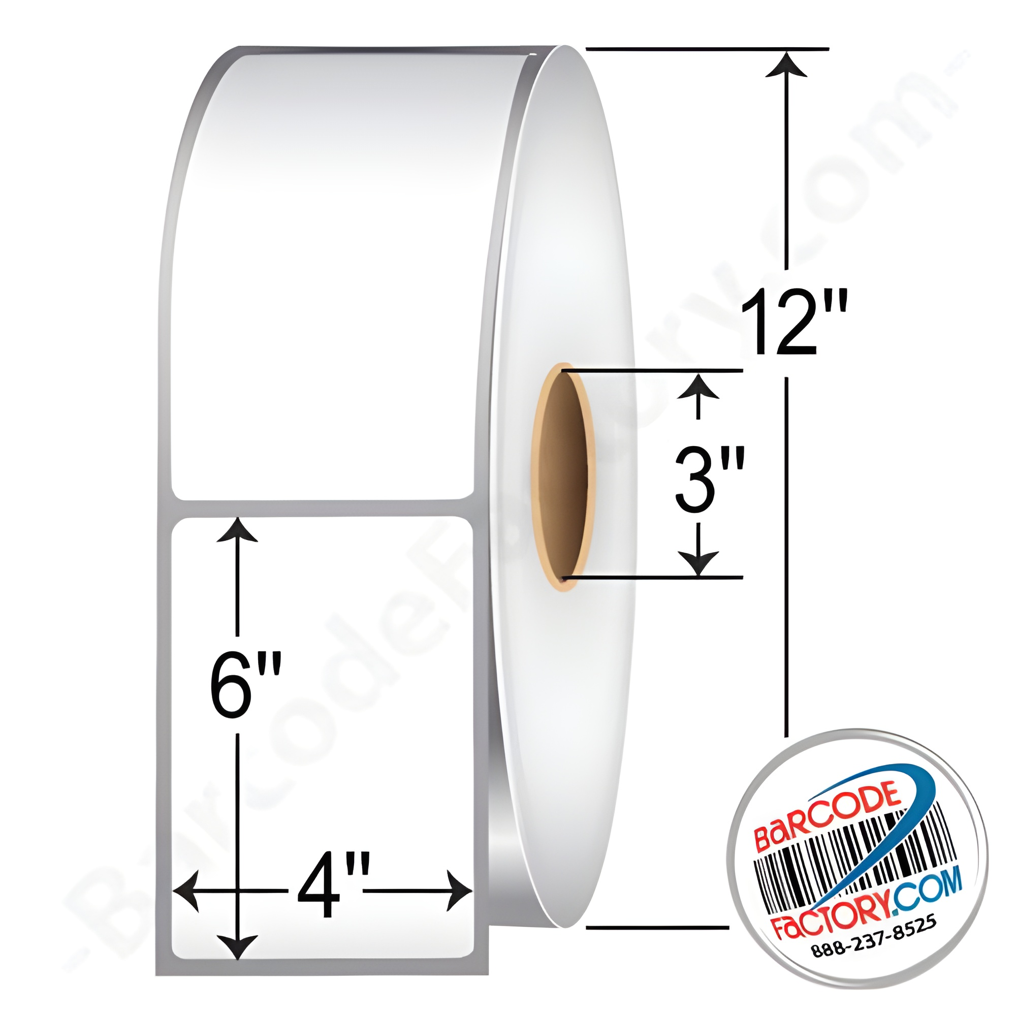 Roll of non-perforated 4" x 6" thermal transfer labels with permanent adhesive, 3" core, and 12" outer diameter.