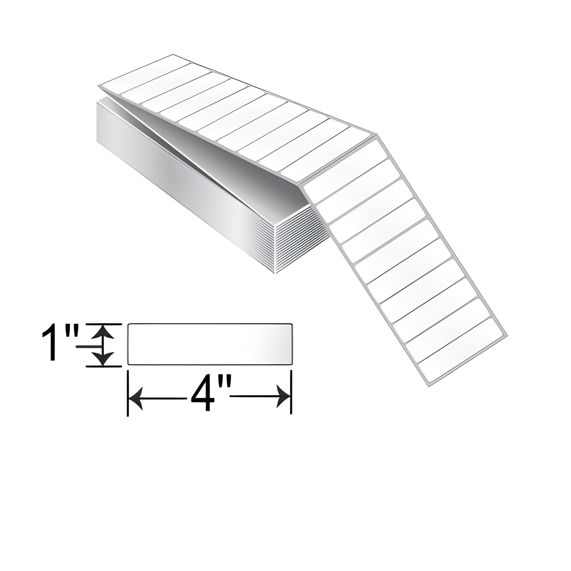 THF41-1P TT 4" x 1" thermal transfer perforated fanfold labels with permanent adhesive white paper material and label dimension graphic for SEO product listing.