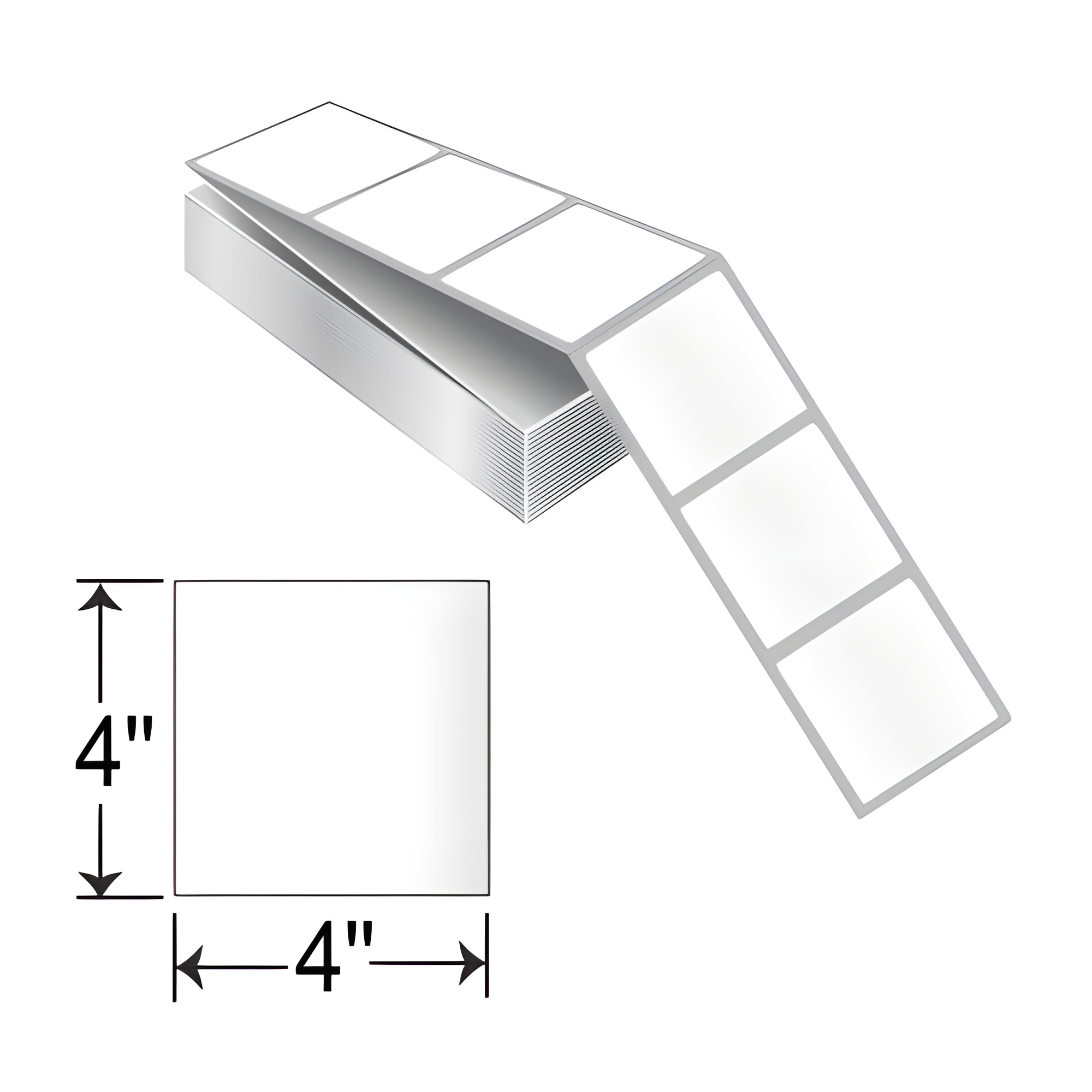 4" x 4" THF44-1P TT thermal transfer perforated fanfold labels with white permanent adhesive paper labels and dimensional size diagram for Shopify product page.