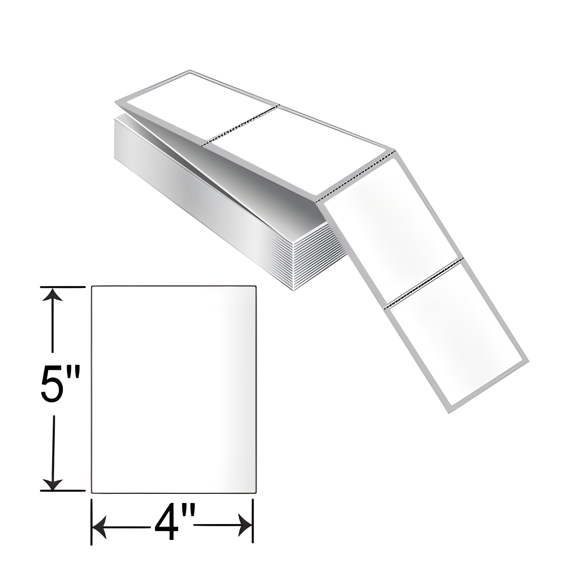 4" x 5" THF45-1P TT thermal transfer perforated fanfold label stack with white permanent adhesive paper labels and product size diagram for Shopify product listing.