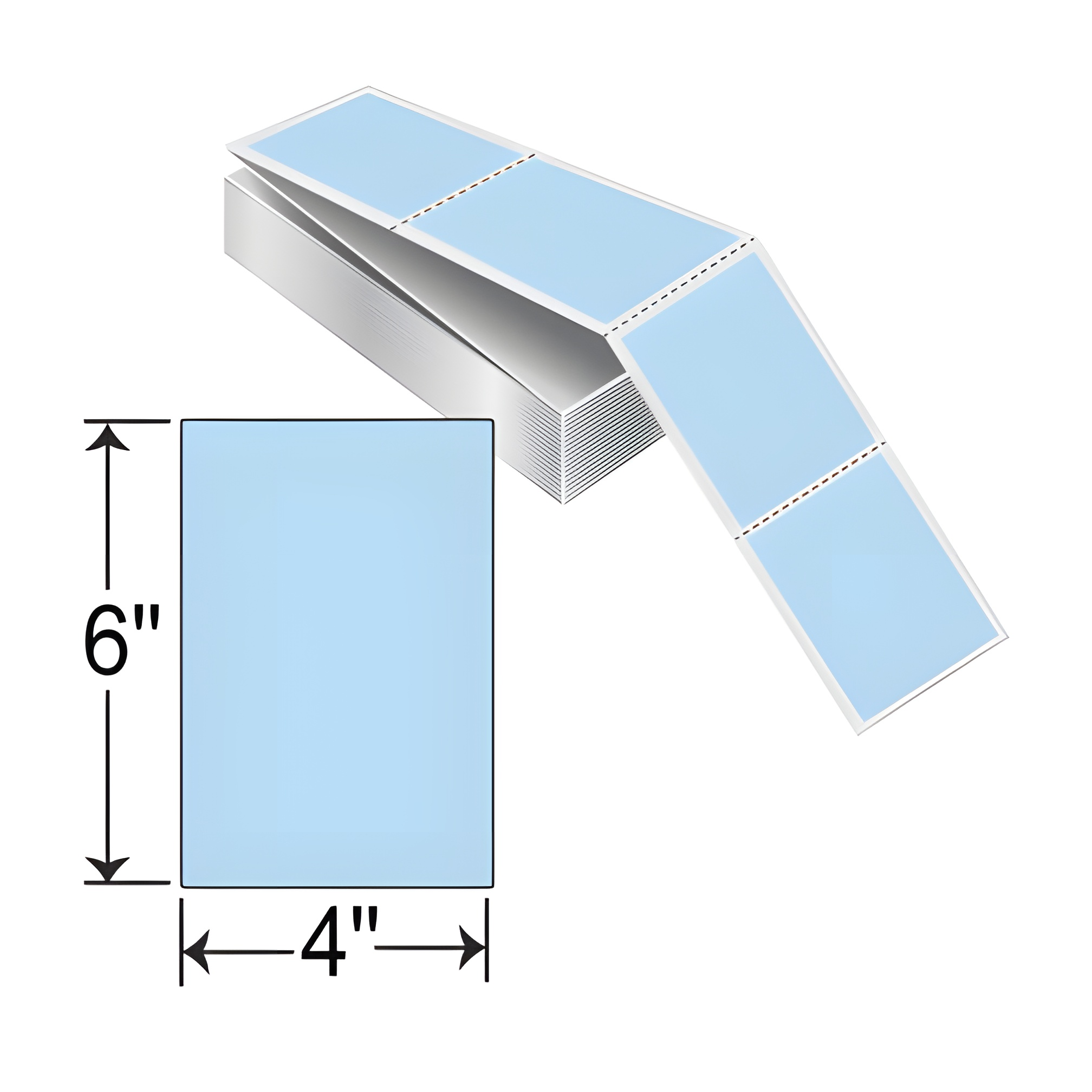 THF46-1P TT 4x6 label perforated fanfold, 4 x 6-inch direct thermal and thermal transfer compatible labels in fanfold stack.