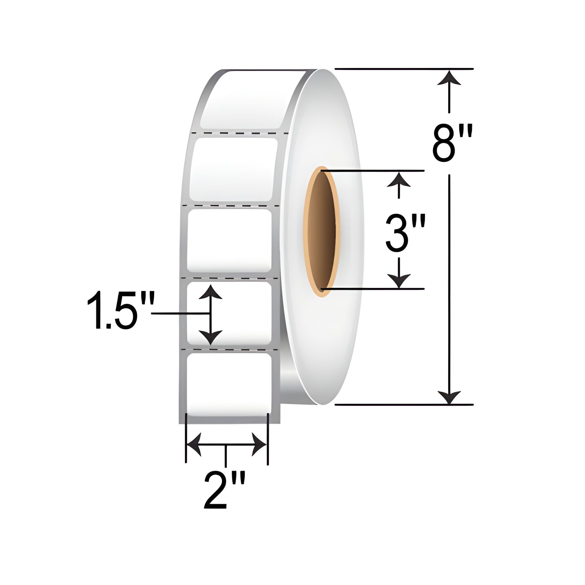 TH215-1P TT 2x1.5 perforated label roll, white thermal transfer barcode labels for inventory, warehouse, shelf, shipping, and product identification with 3-inch core and 8-inch OD.