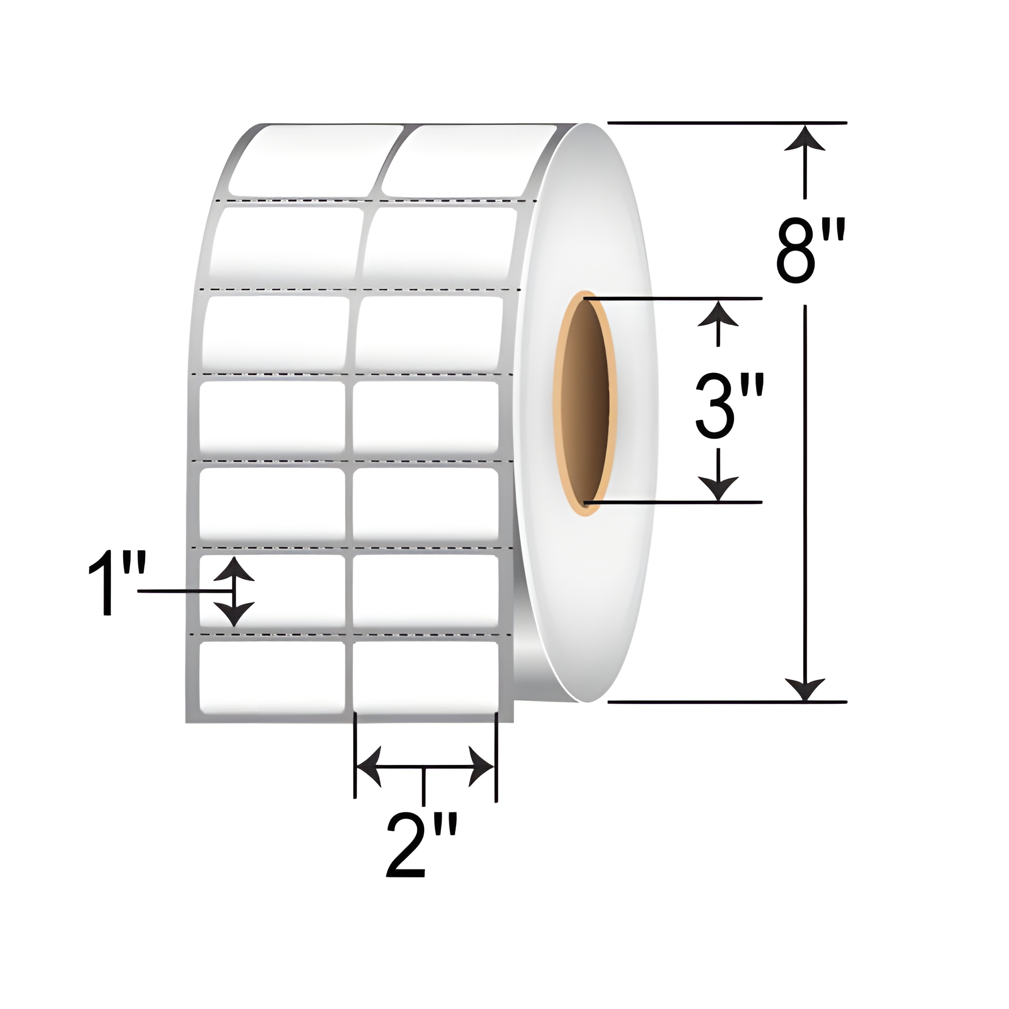 TH21-2P TT 2x1 2-up perforated label roll, white thermal transfer barcode labels for inventory, warehouse, shelf, shipping, and product identification with 3-inch core and 8-inch OD.