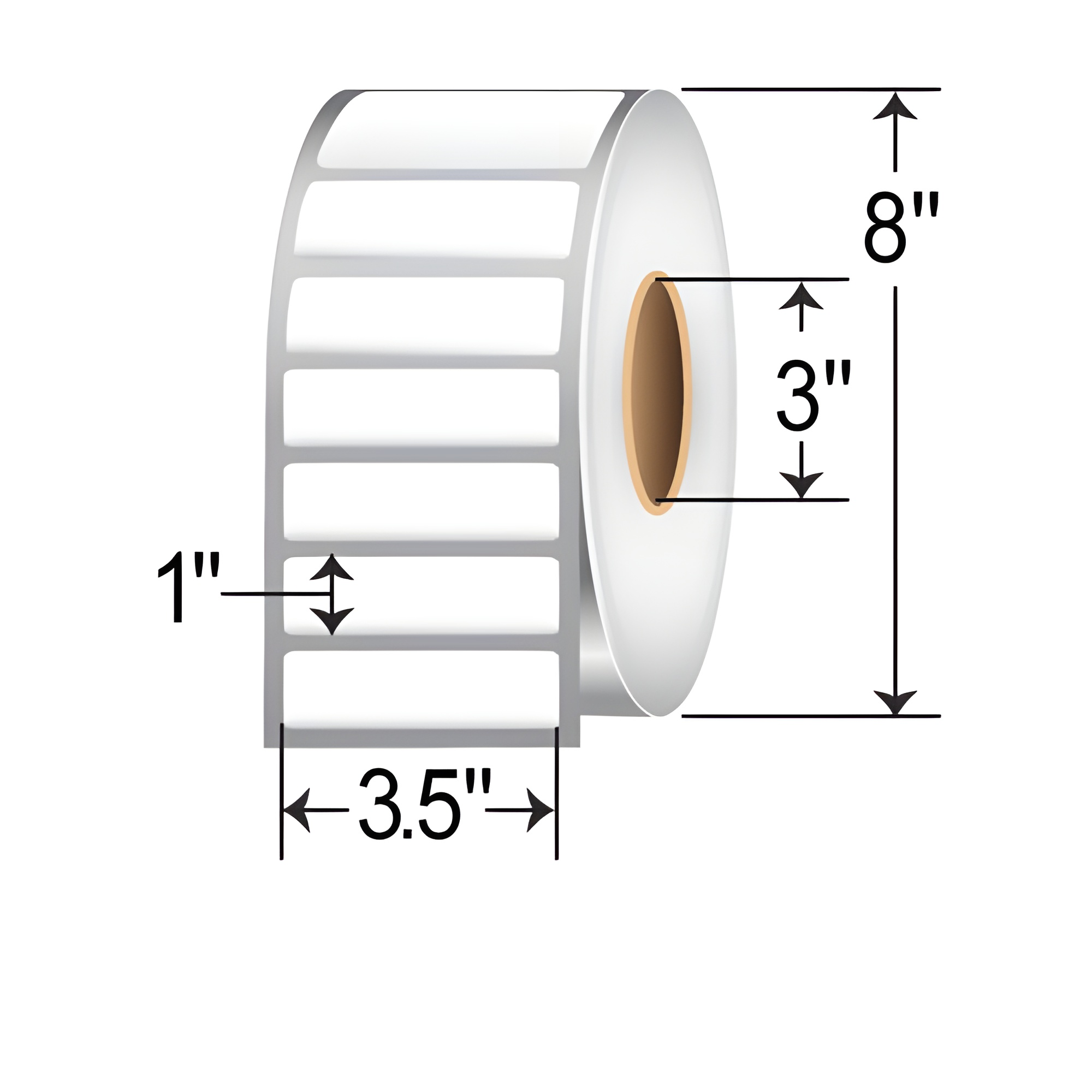 TH351-1R TT 3.5" x 1" thermal transfer non-perforated roll labels with 3-inch core, permanent adhesive white paper labels, and 8-inch outer diameter sizing diagram for product display and SEO.