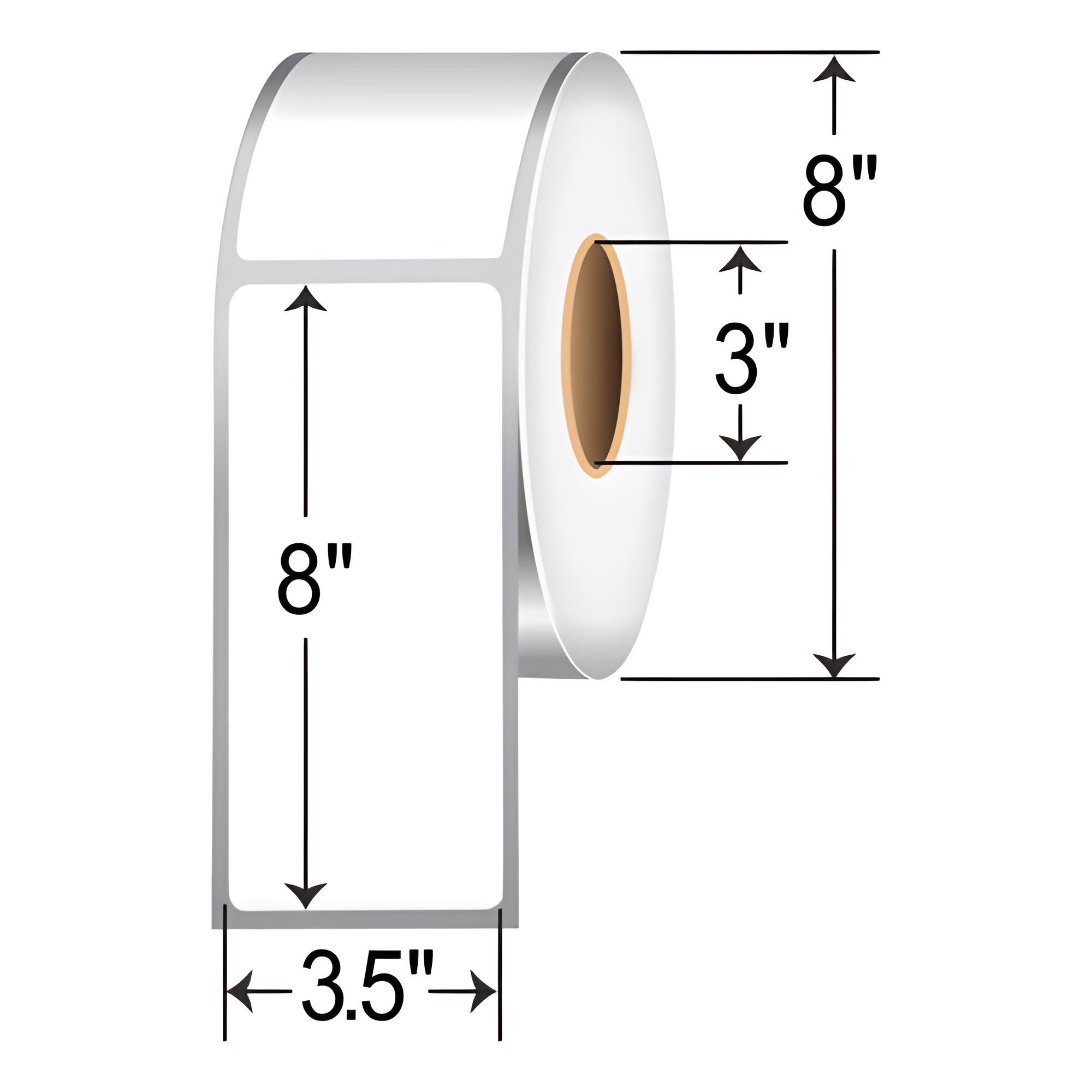 TH358-1R TT 3.5" x 8" thermal transfer non-perforated roll labels with 3-inch core, permanent adhesive white paper labels, and 8-inch outer diameter sizing diagram for product display and SEO.