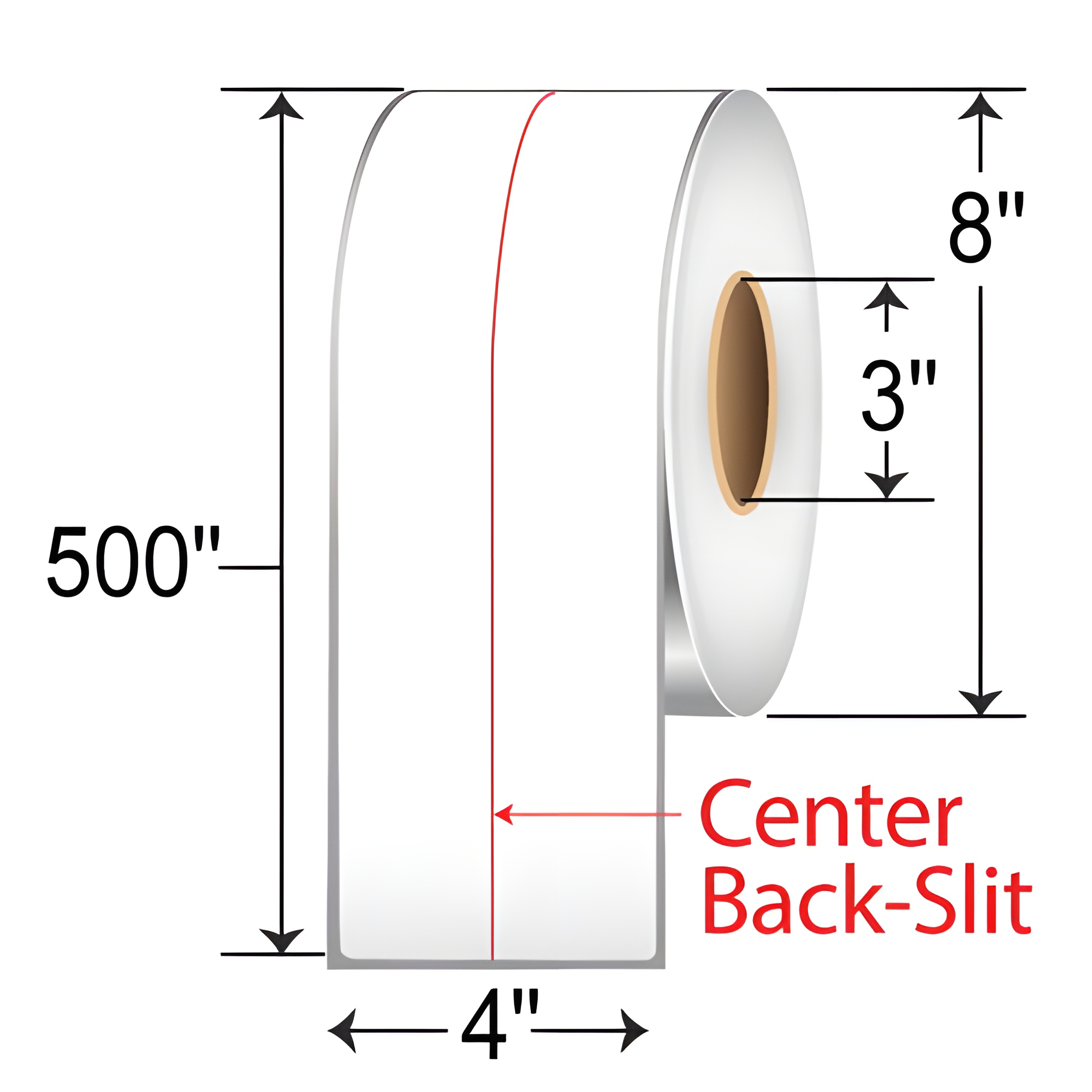 Continuous roll of 4" x 500' thermal transfer labels with center back-slit, permanent adhesive, 3" core, and 8" outer diameter.