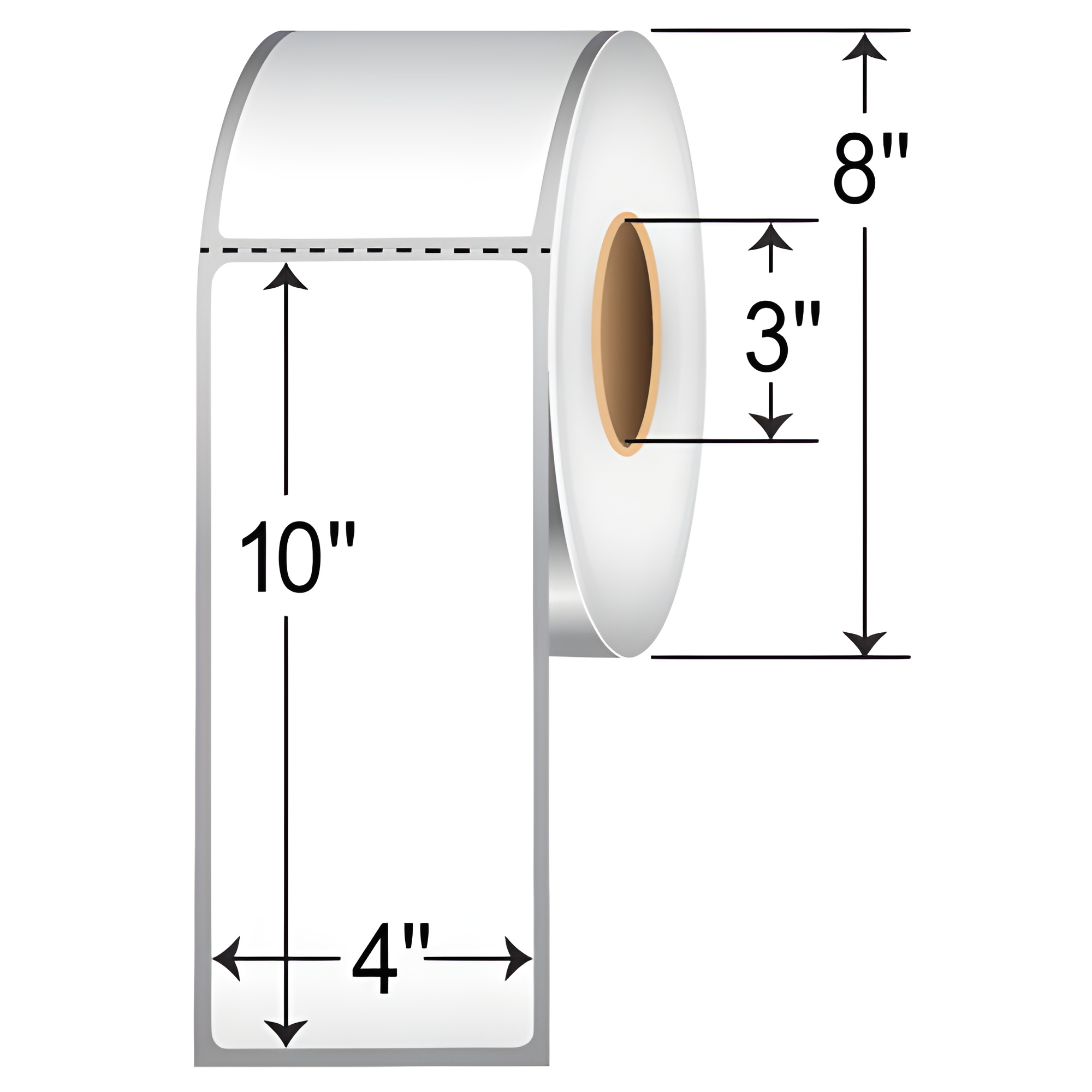 TH410-1P TT 4x10 label perforated 3-inch core roll, white thermal transfer shipping and warehouse labels with 8-inch OD dimensions.