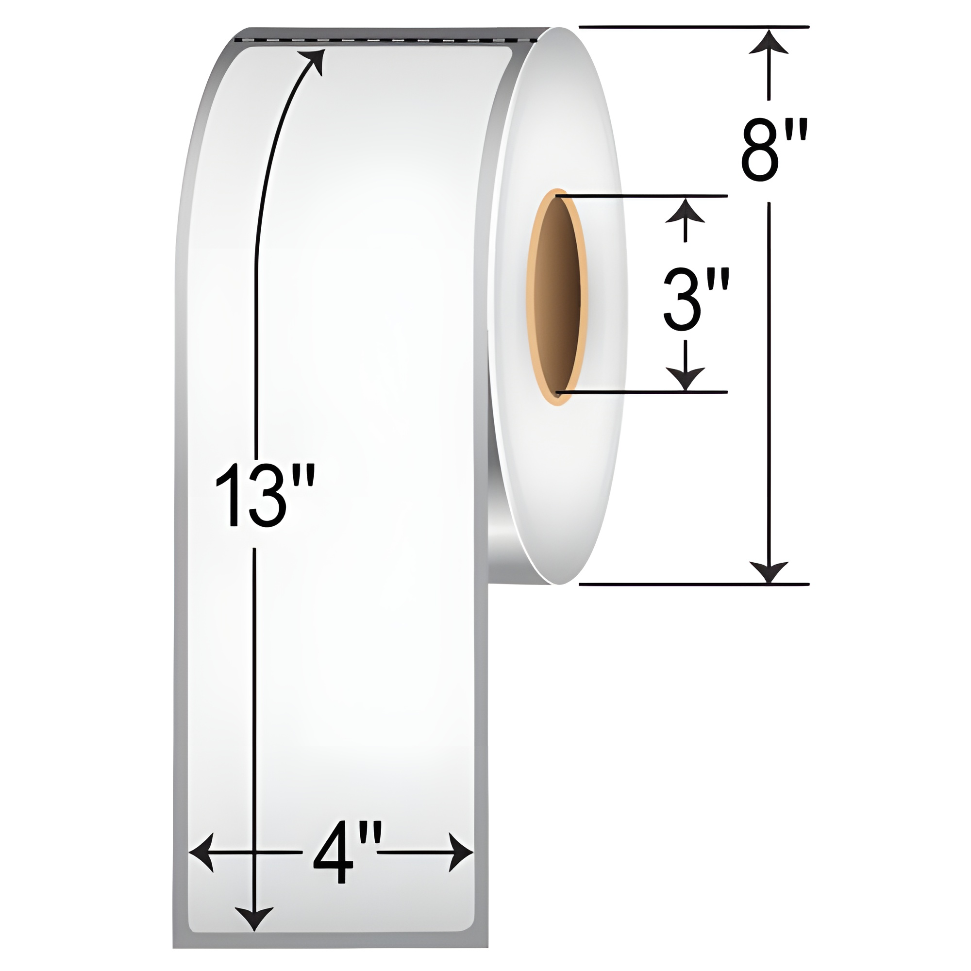 TH413-1R TT 4" x 13" thermal transfer non-perforated roll labels with 3-inch core, permanent adhesive white paper material, and 8-inch outer diameter dimension illustration for SEO product listing.