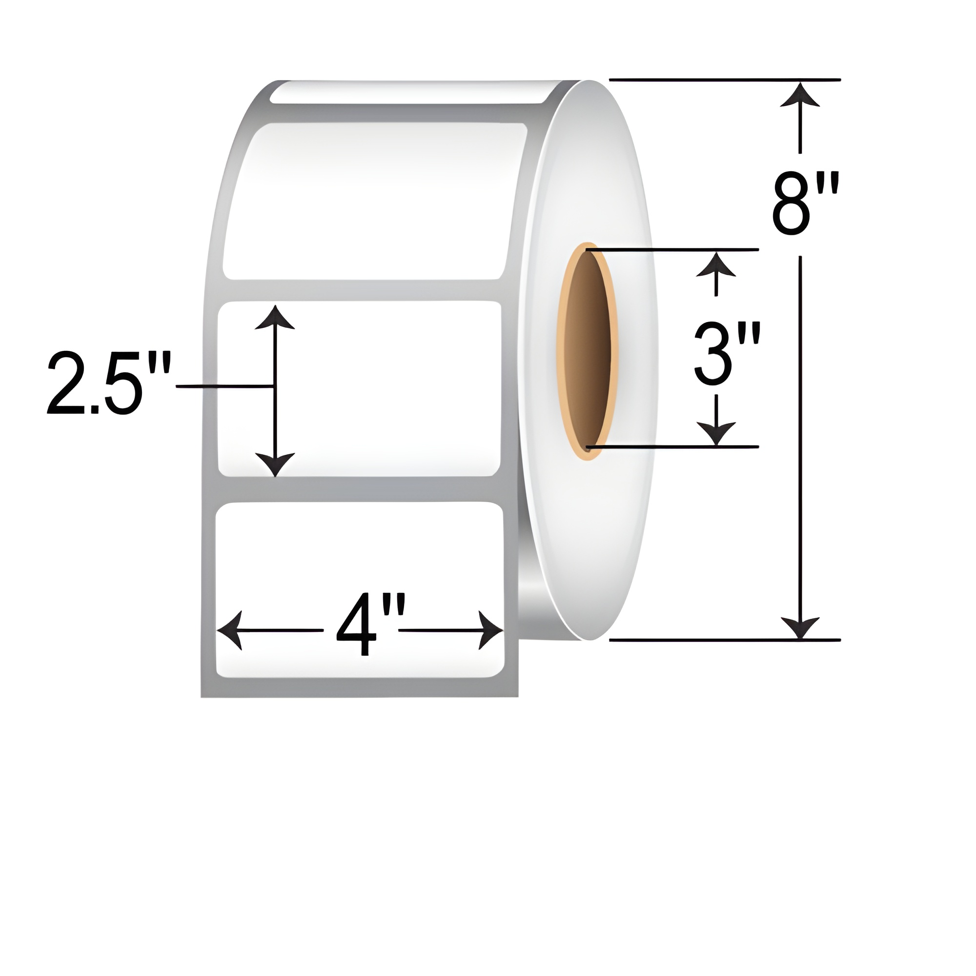 TH425-1R TT 4" x 2.5" thermal transfer non-perforated roll labels with 3-inch core, permanent adhesive white paper labels, and 8-inch outer diameter sizing diagram for product display and SEO.