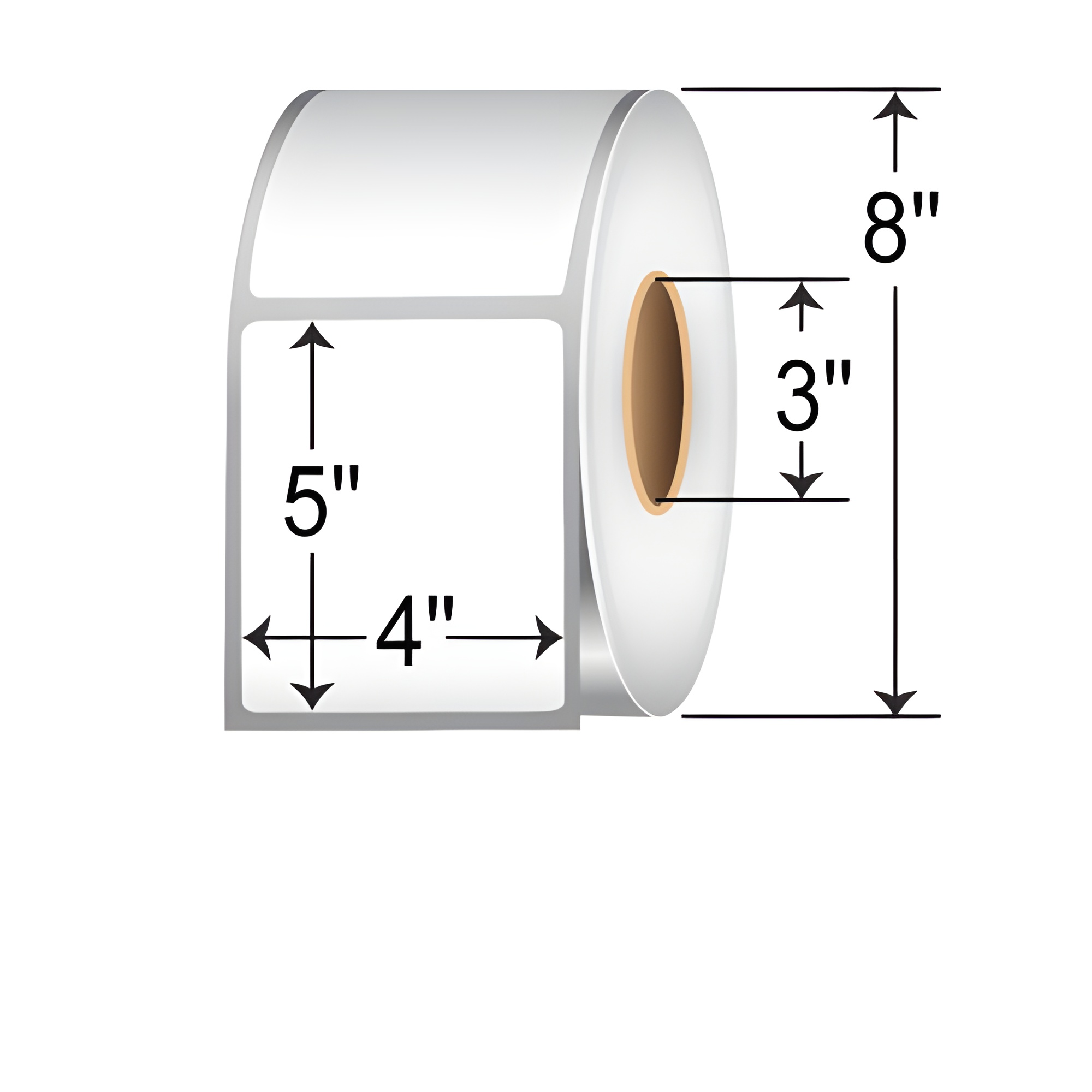 TH45-1R TT 4" x 5" thermal transfer non-perforated roll labels with 3-inch core, permanent adhesive white paper material, and 8-inch outer diameter dimension graphic for SEO product listing.