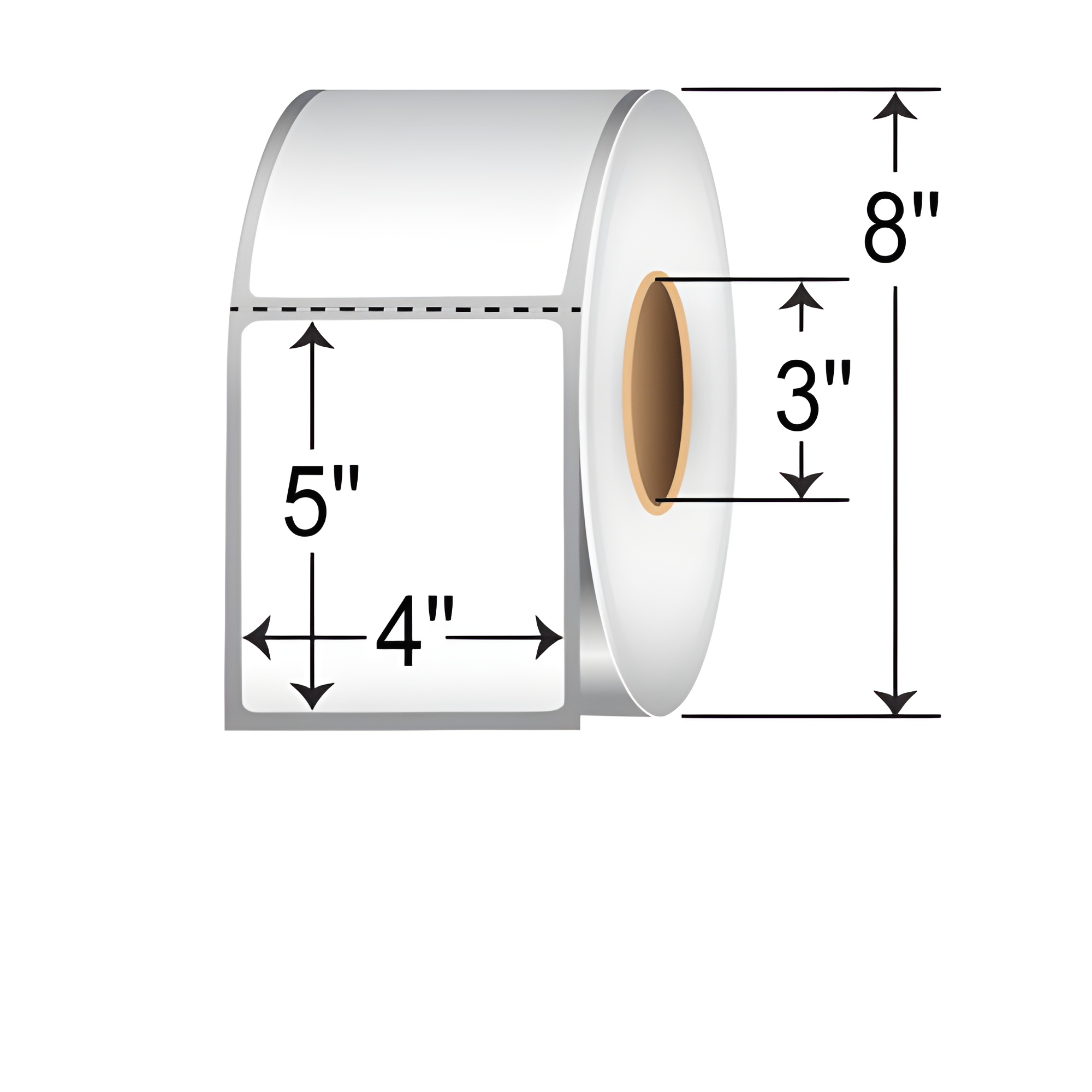 TH45-1P TT 4x5 label perforated 3-inch core roll, white thermal transfer shipping and barcode labels with 8-inch OD dimensions.
