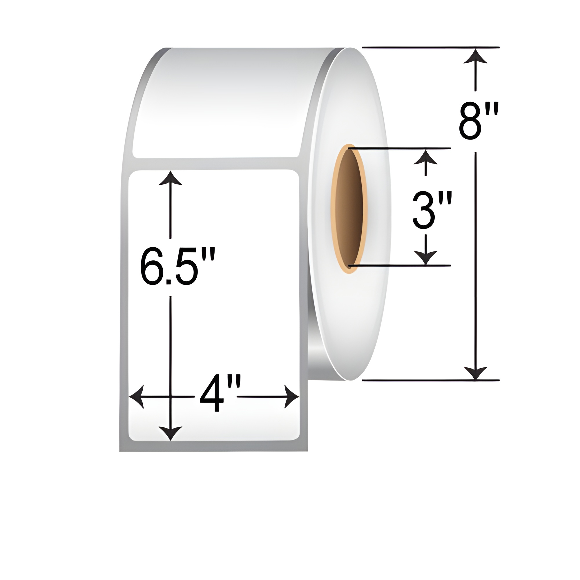 TH465-1R TT 4" x 6.5" thermal transfer non-perforated roll labels with 3-inch core, permanent adhesive white paper material, and 8-inch outer diameter dimension illustration for SEO product listing.