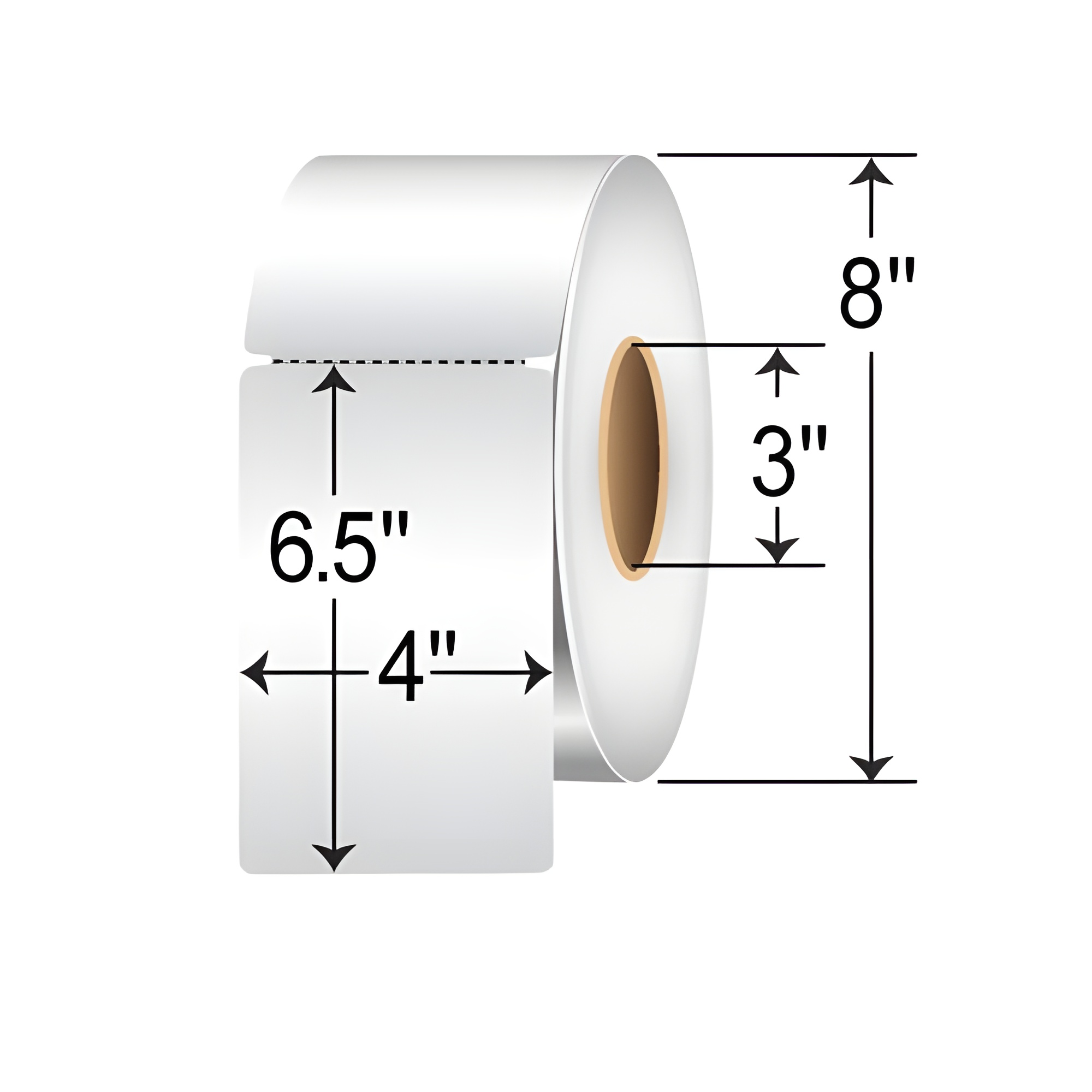 Roll of perforated 4" x 6.5" thermal transfer tags with 3" core and 8" outer diameter.
