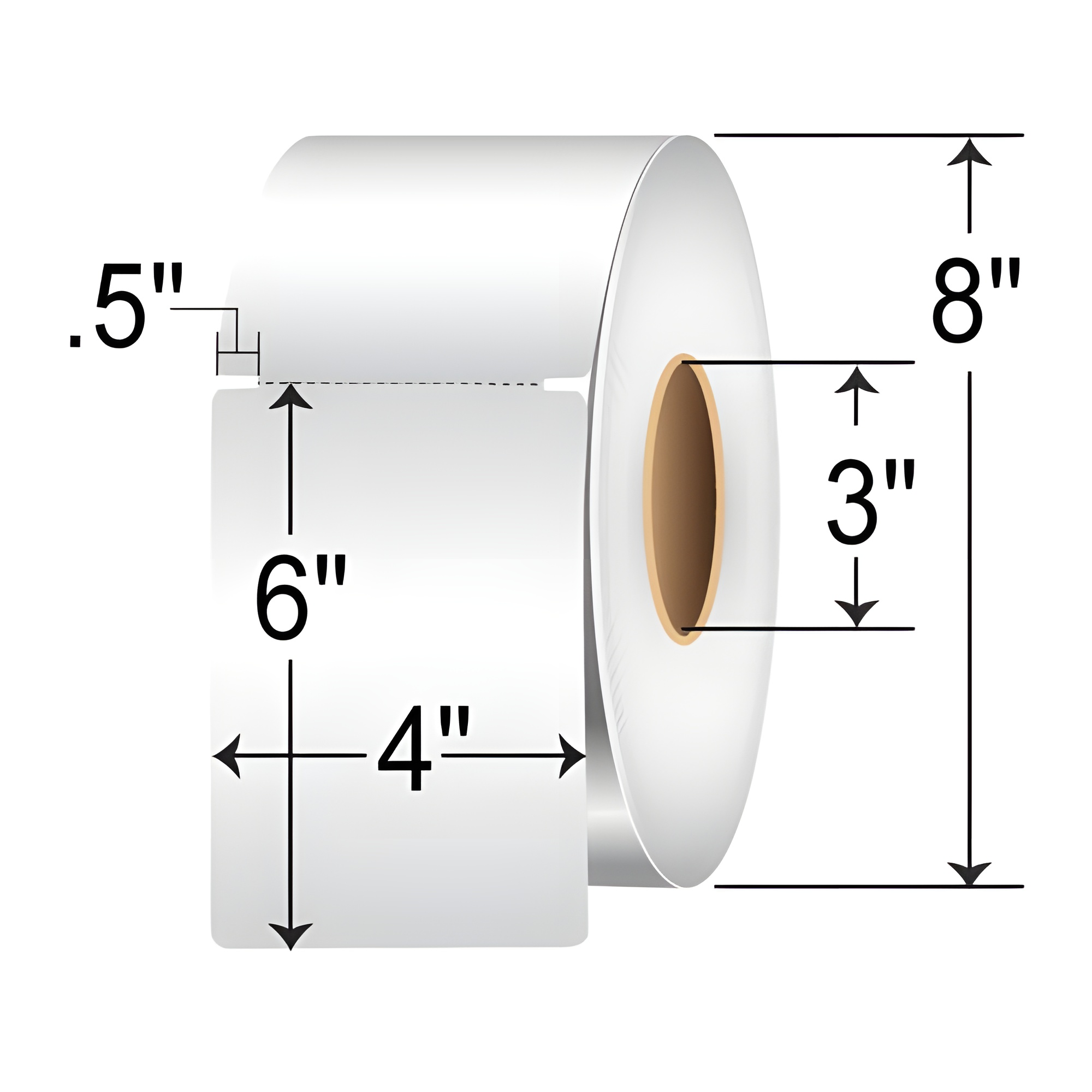 Roll of perforated 4" x 6" thermal transfer tags with 3" core and 8" outer diameter.
