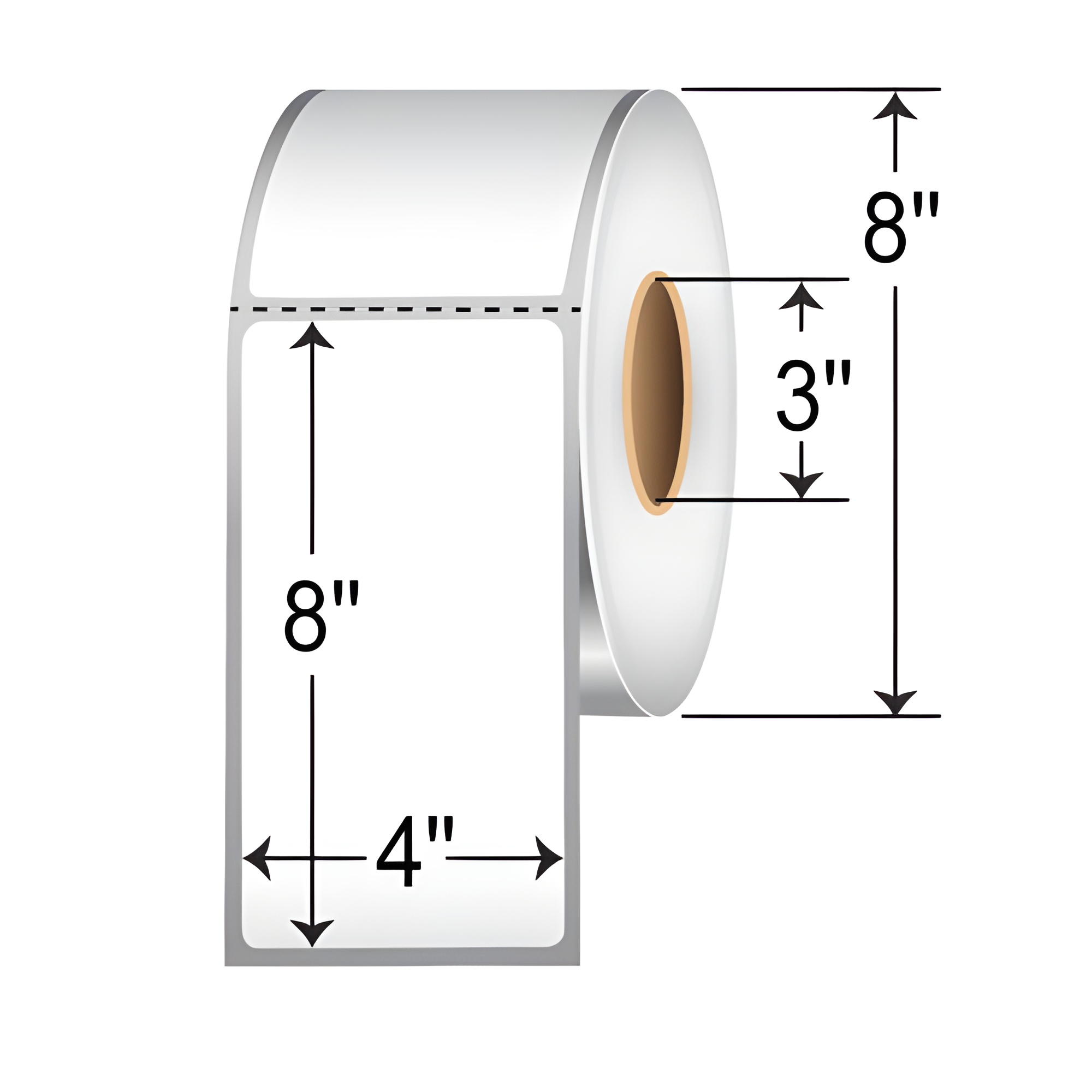 TH48-1P TT 4x8 label perforated 3-inch core roll, white thermal transfer shipping and logistics labels with 8-inch OD dimensions.
