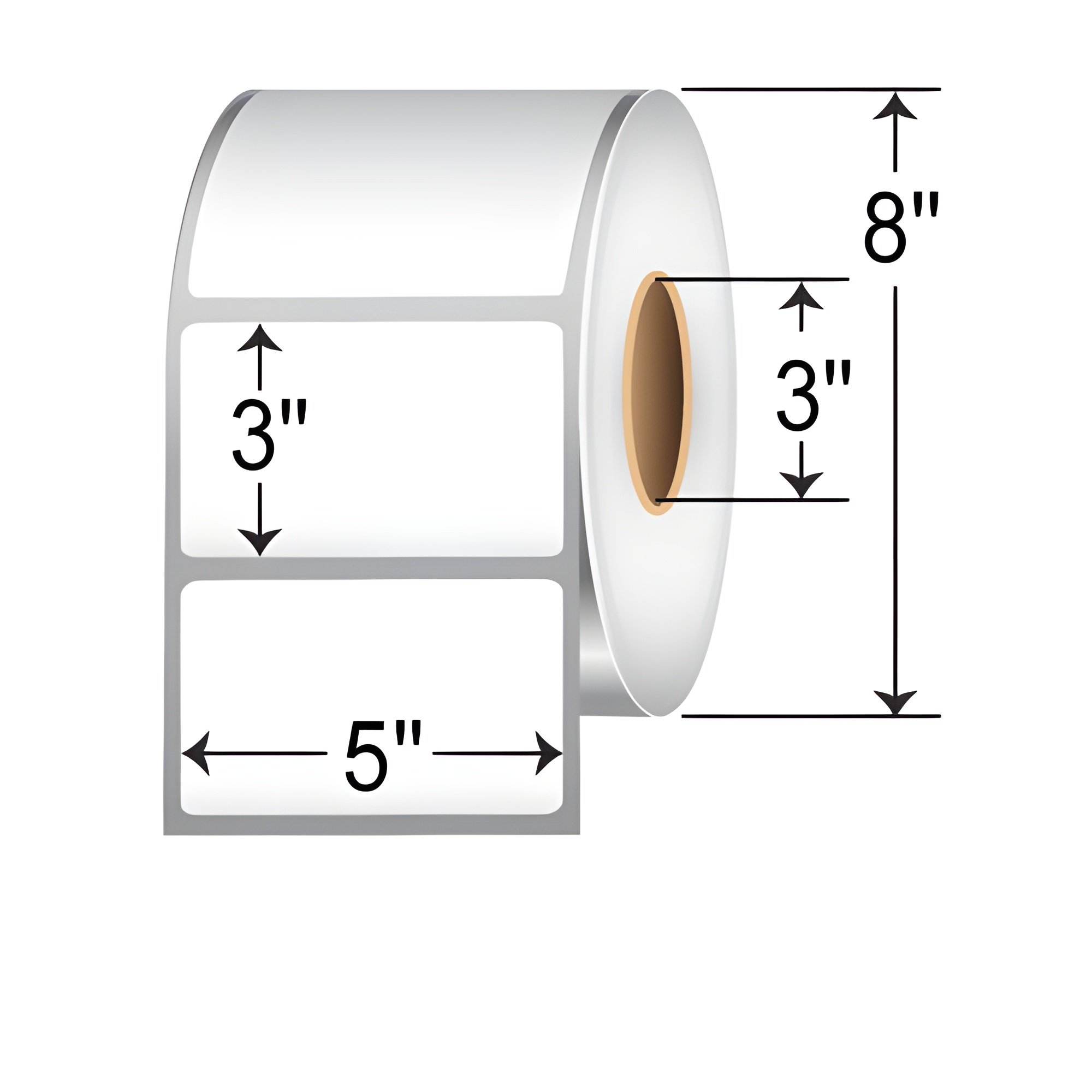TH53-1R TT 5" x 3" thermal transfer non-perforated roll labels with 3-inch core, permanent adhesive white paper material, and 8-inch outer diameter dimension graphic for SEO product listing.