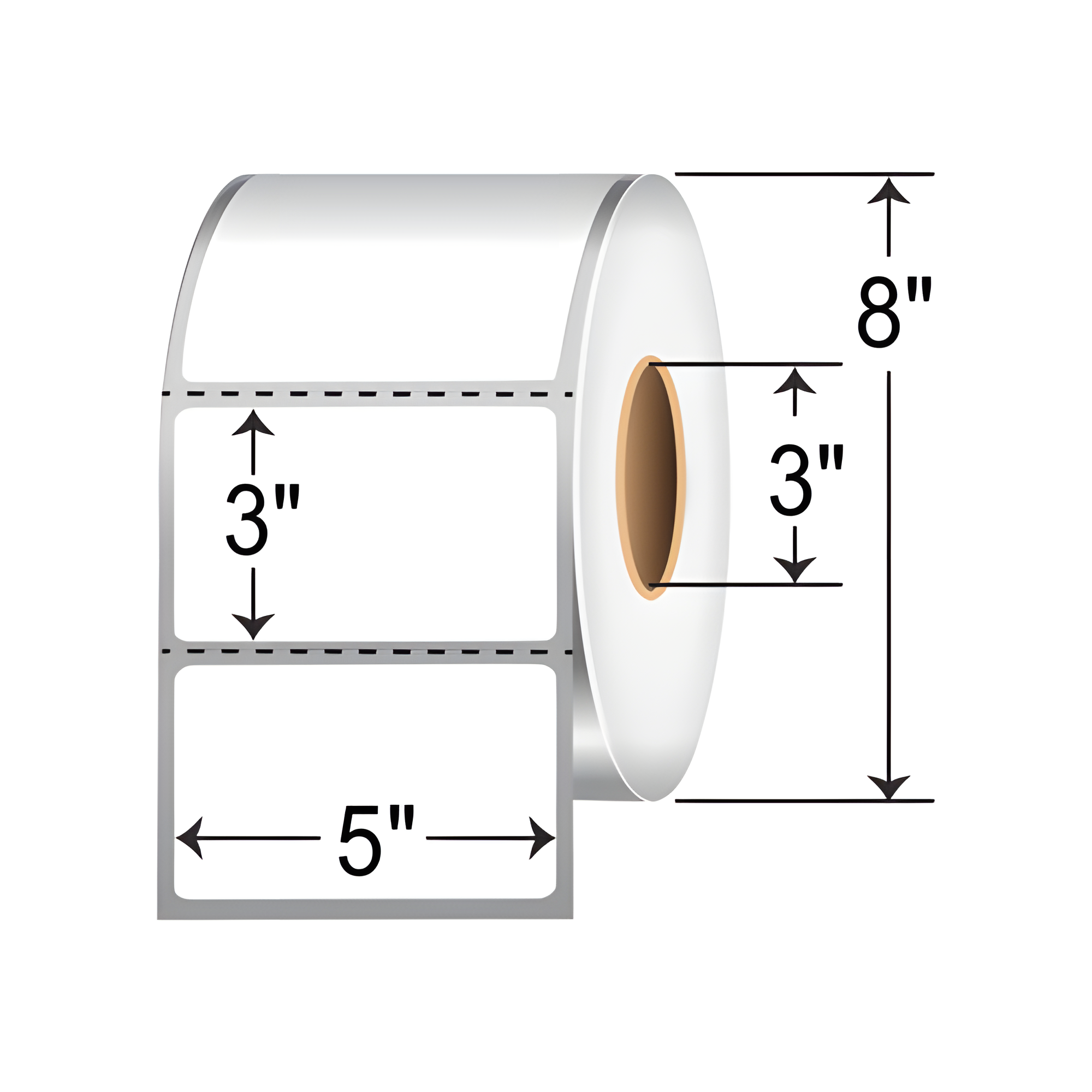 TH53-1P TT 5x3 label perforated 3-inch core roll, white thermal transfer shipping labels with 8-inch OD dimensions.