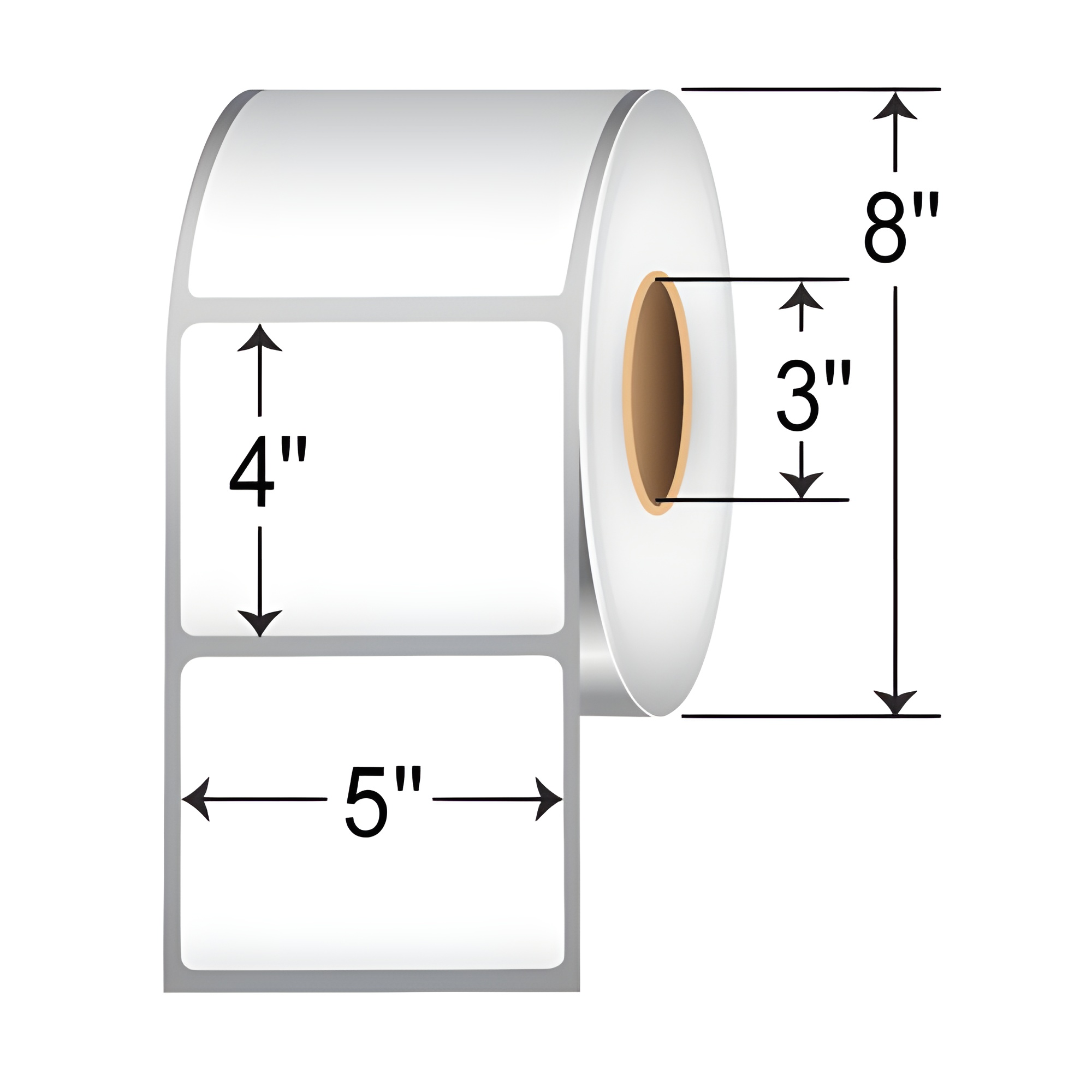 TH54-1R TT 5" x 4" thermal transfer non-perforated roll labels with 3-inch core, permanent adhesive white paper material, and 8-inch outer diameter size illustration for SEO product listing.
