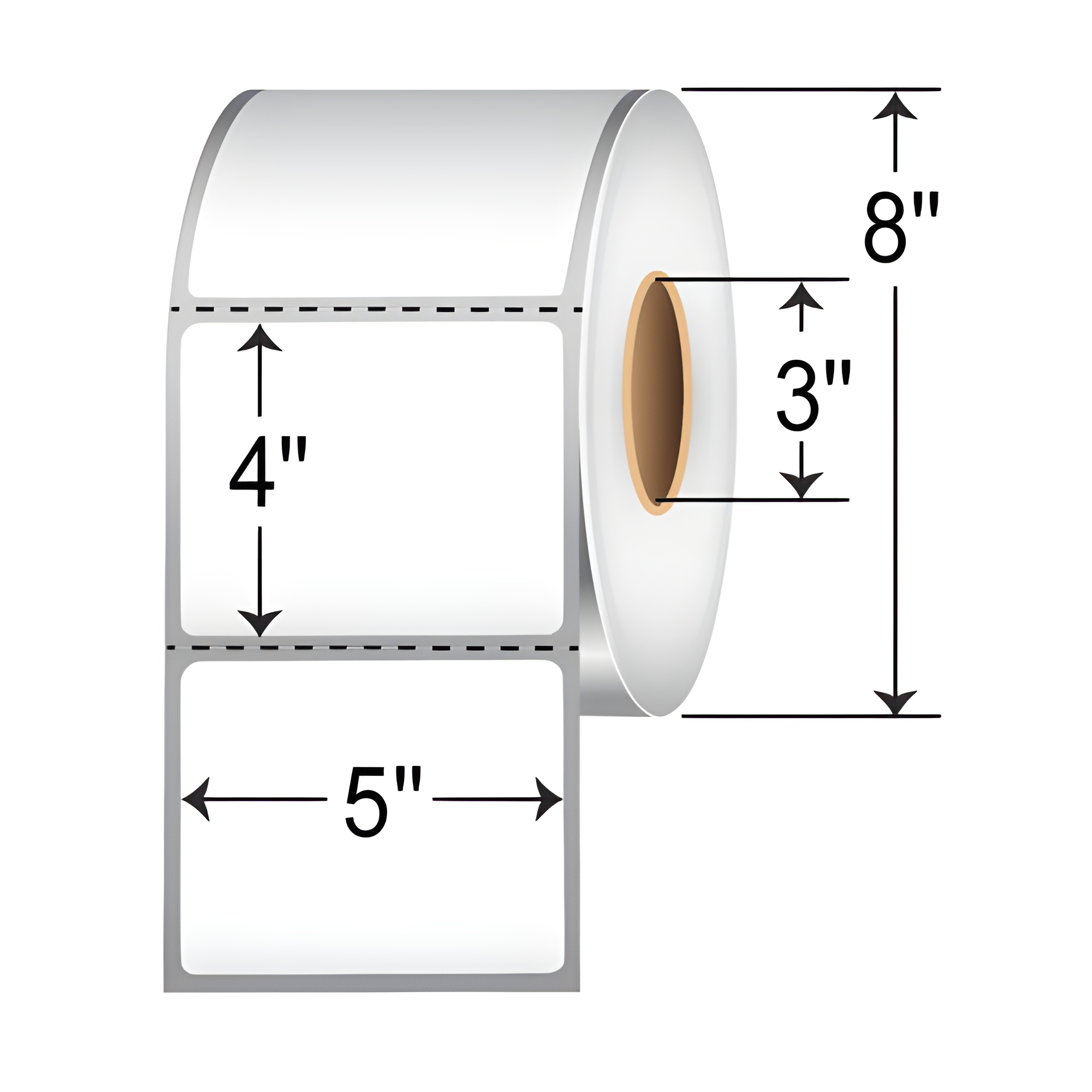 TH54-1P TT 5x4 label perforated 3-inch core roll, white thermal transfer shipping labels with 8-inch OD dimensions.