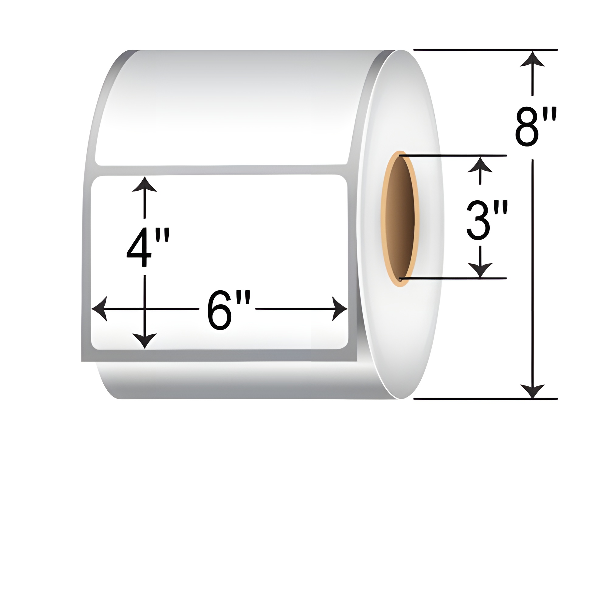 TH64-1R TT 6" x 4" thermal transfer non-perforated roll labels with 3-inch core, permanent adhesive white paper material, and 8-inch outer diameter size diagram for SEO product listing.