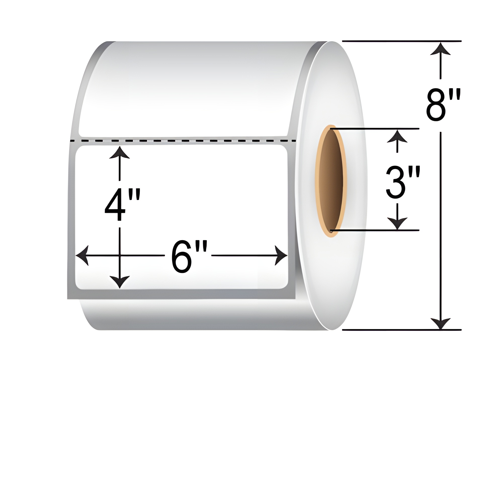 TH64-1P TT 6x4 label perforated 3-inch core roll, white thermal transfer shipping labels with 8-inch OD dimensions.